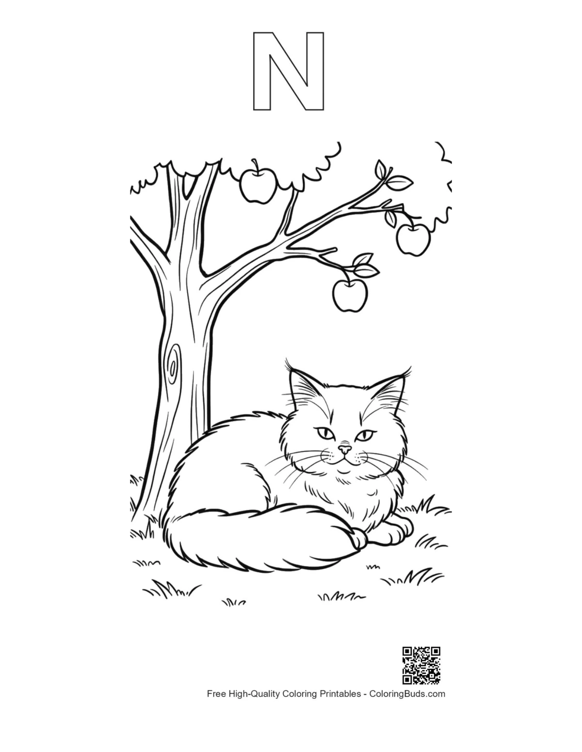 Maine Coon kitten coloring with alphabet N outline