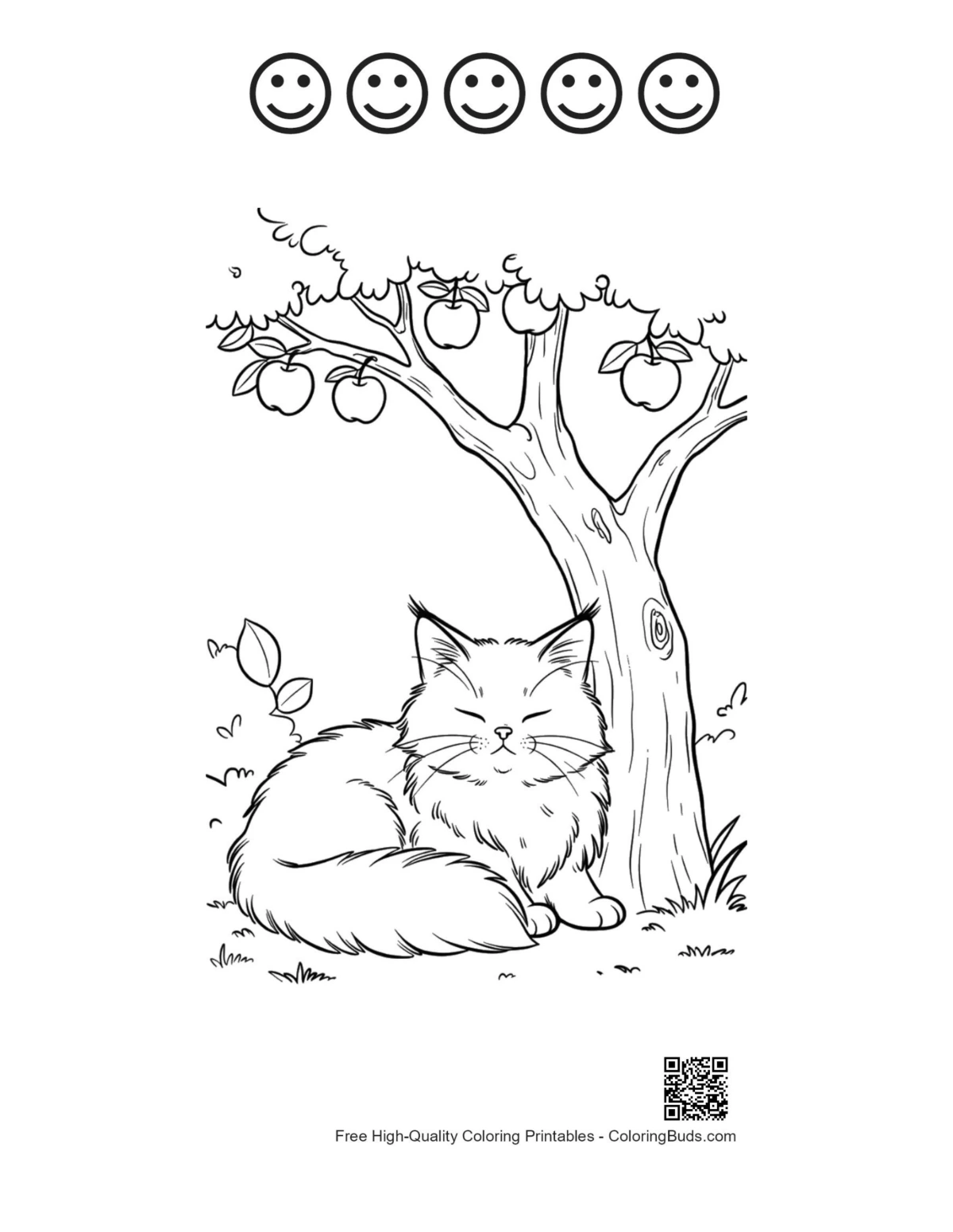 Maine Coon kitten line art with happy faces printable