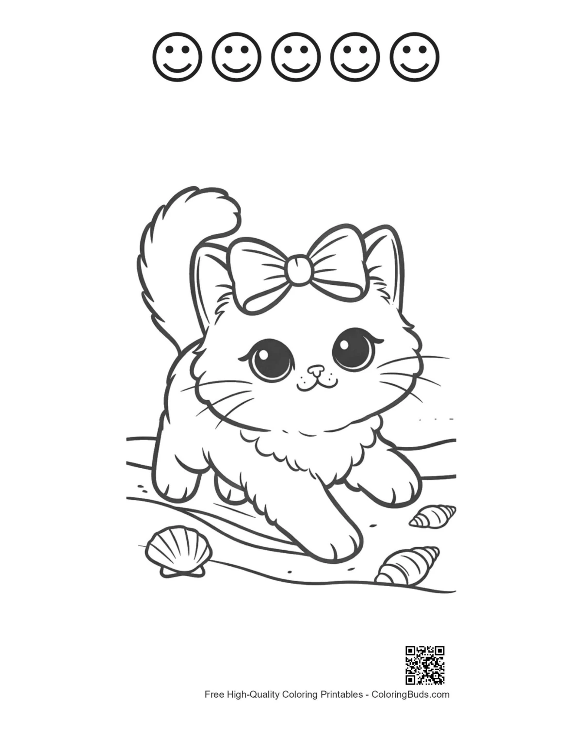 Maine Coon cat with 5 happy faces outline printable