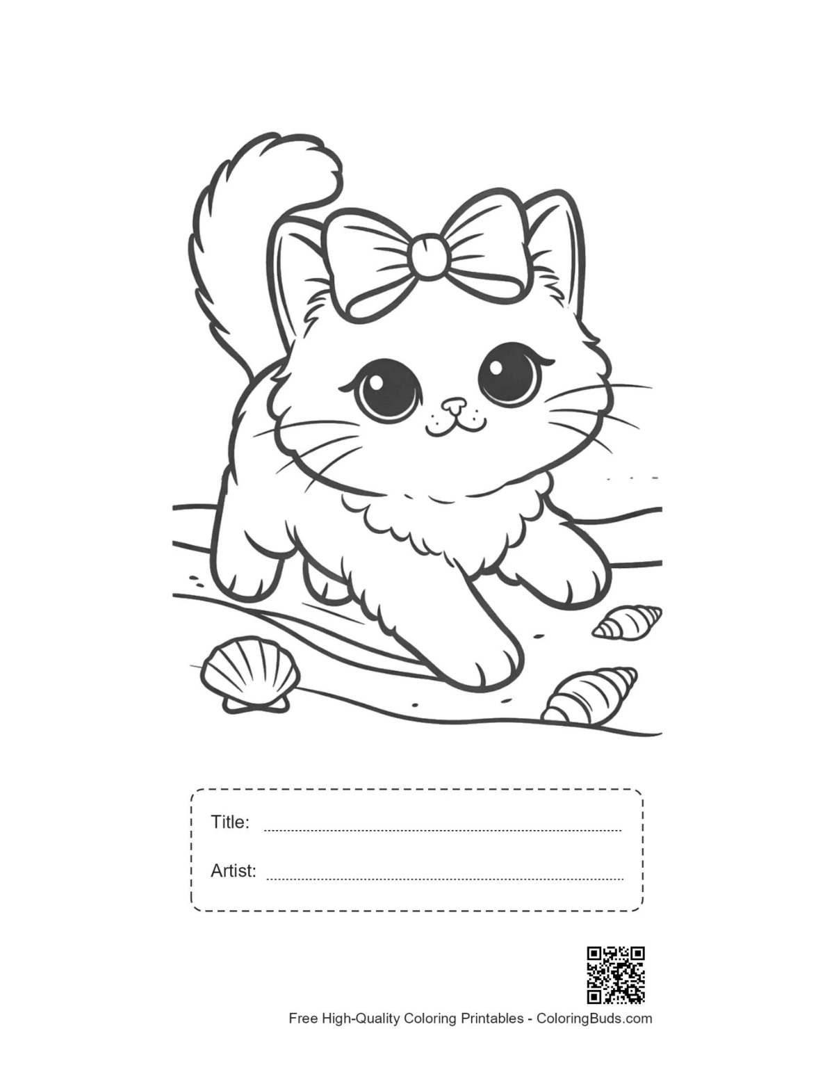 Maine Coon coloring page with title and artist box
