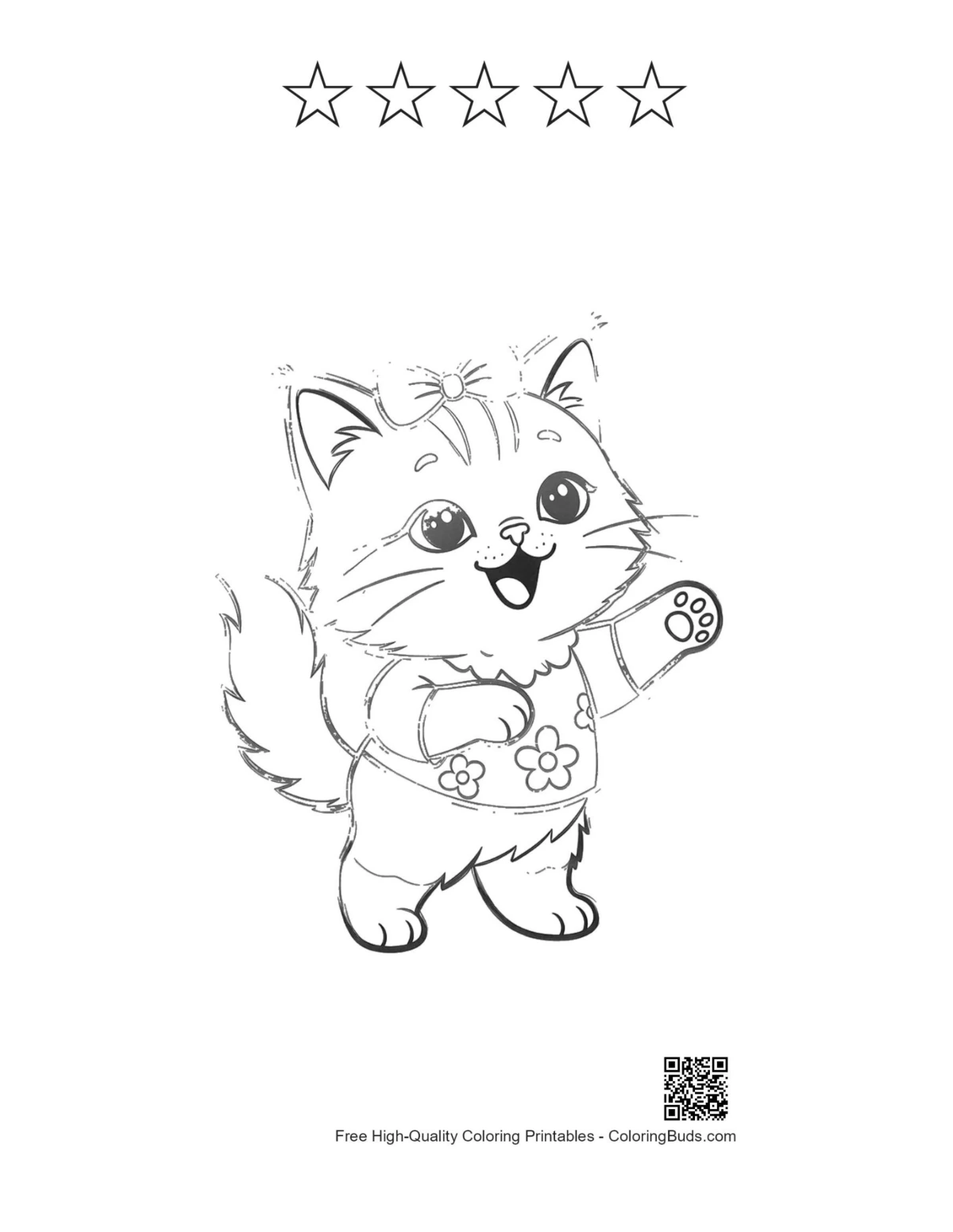 Smiling Maine Coon kitten coloring with 5 stars outline