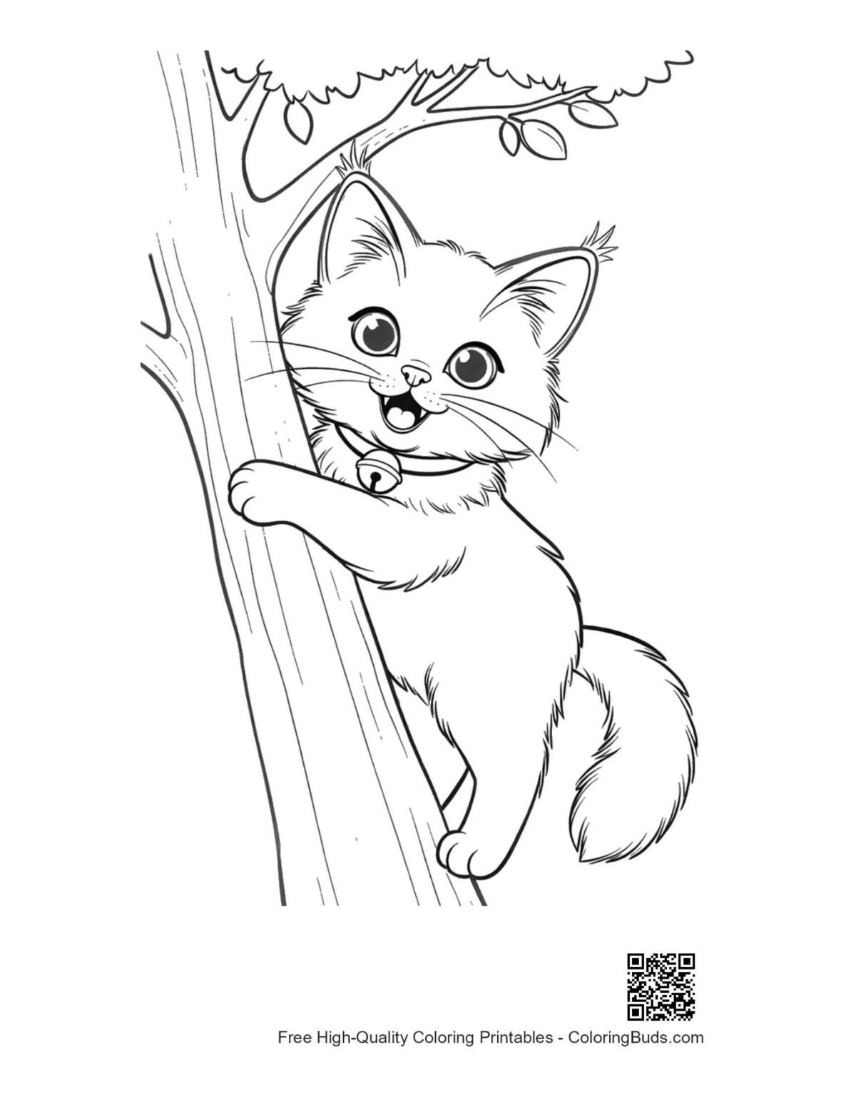 Tiny Maine Coon kitten clinging to tree trunk coloring page