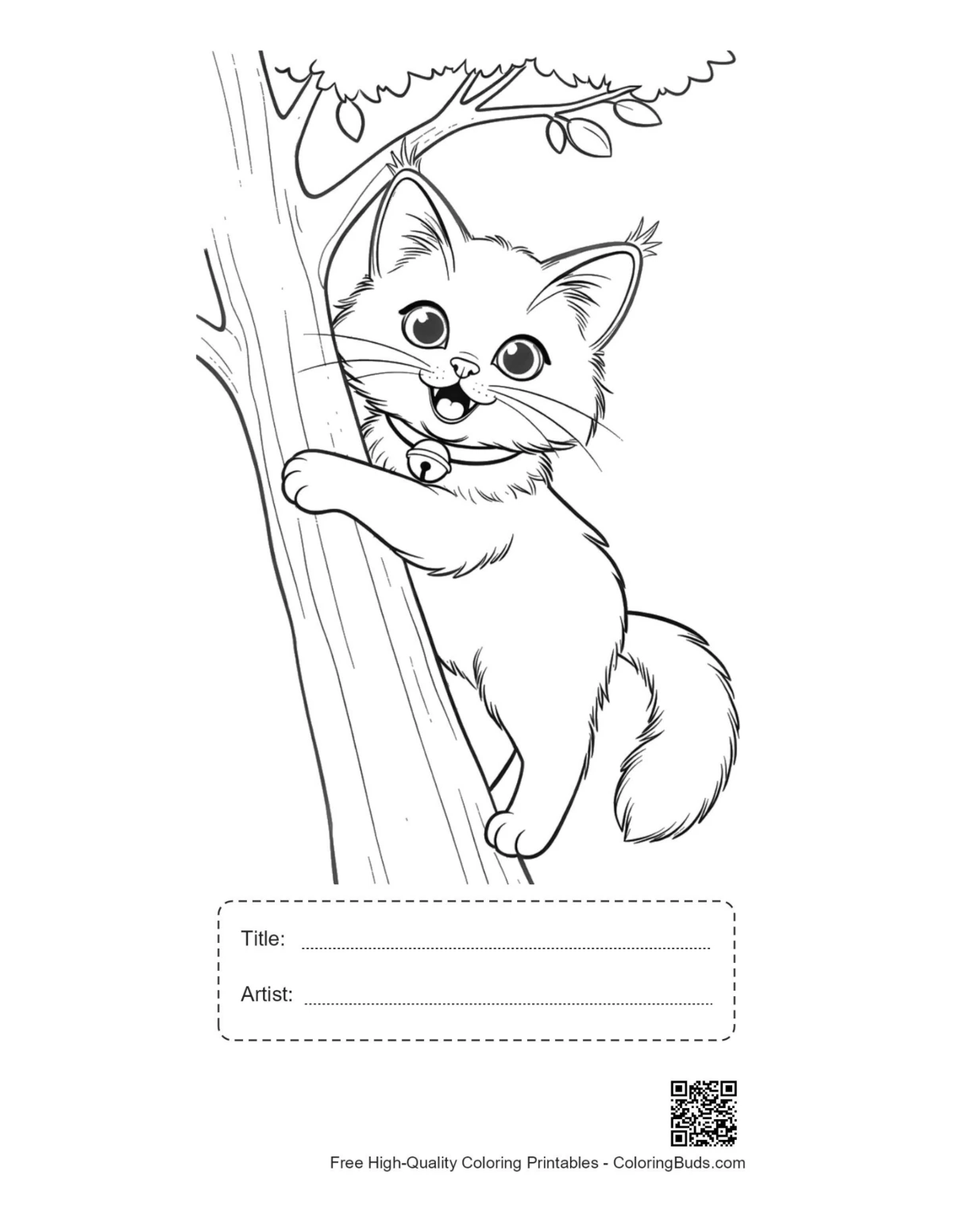 Tiny Maine Coon kitten tree trunk coloring page with title box