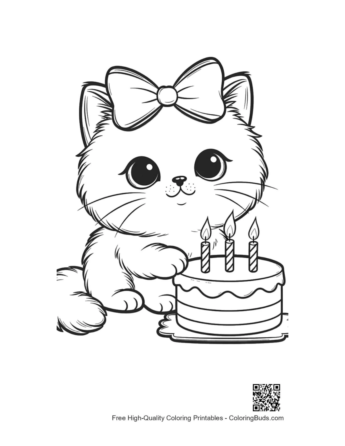 Cute fluffy Persian kitten birthday cake coloring page