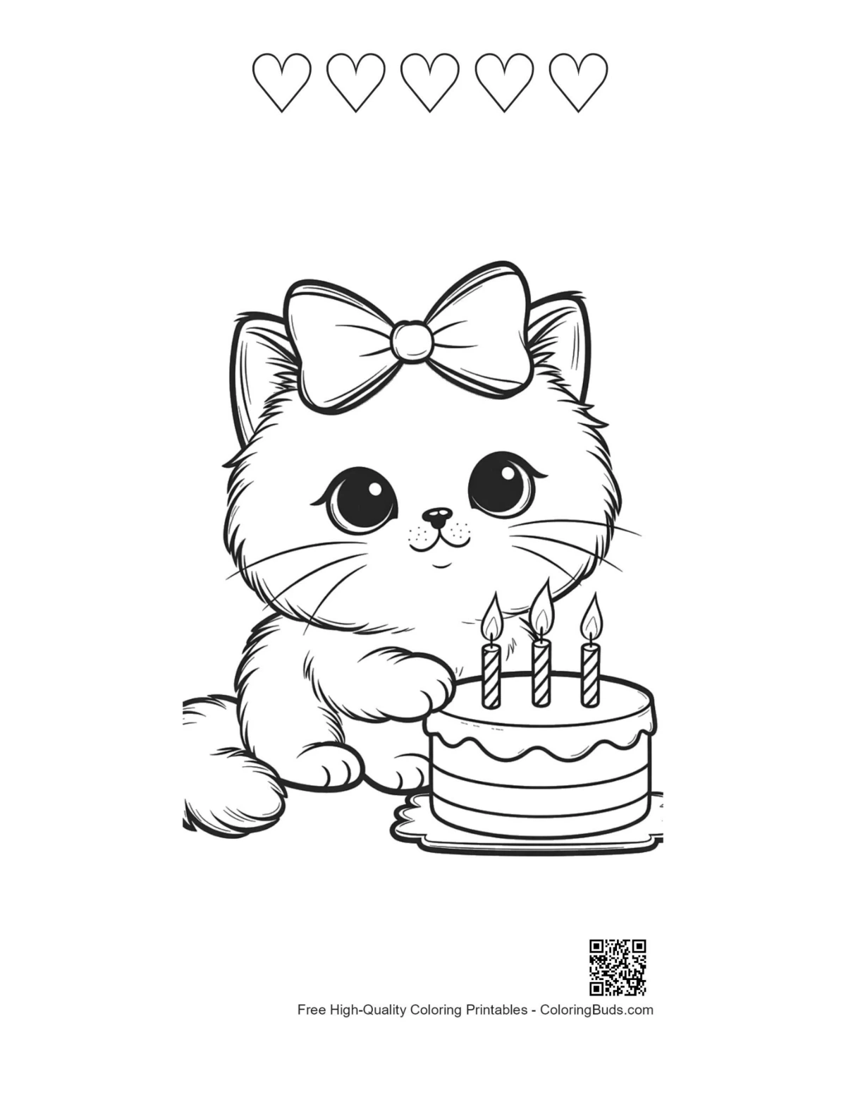Cute kitten coloring printable with 5 hearts