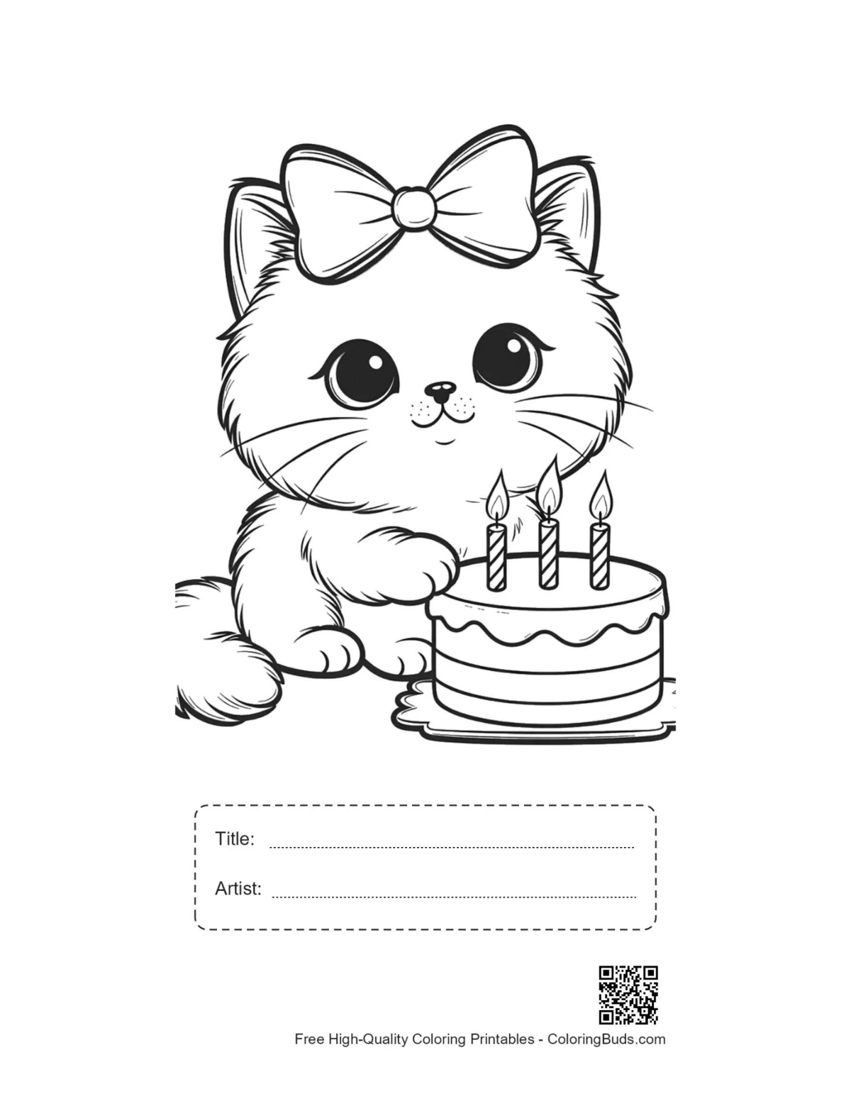 Persian kitten birthday coloring page with title box