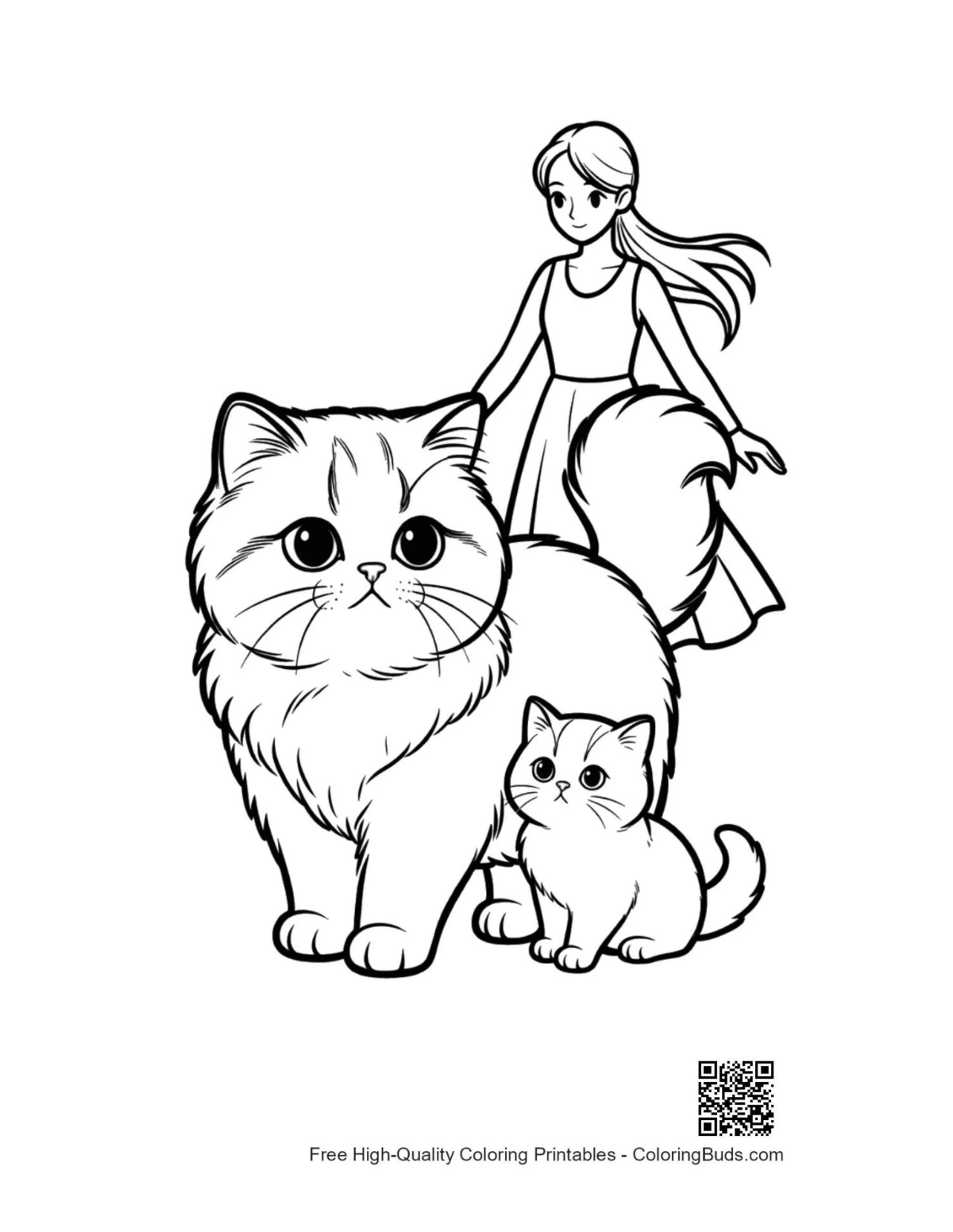 Girl hugging fluffy Persian cat and kitten