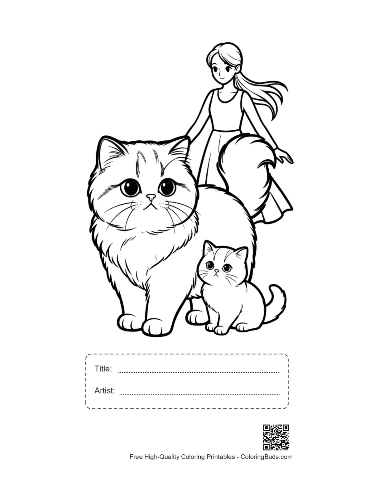 Printable girl with Persian cat, title box