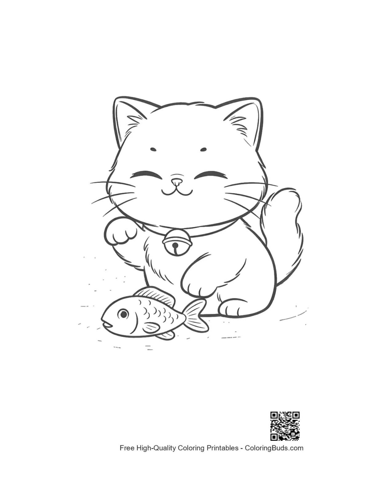 Happy Persian kitten catching fish pond coloring page