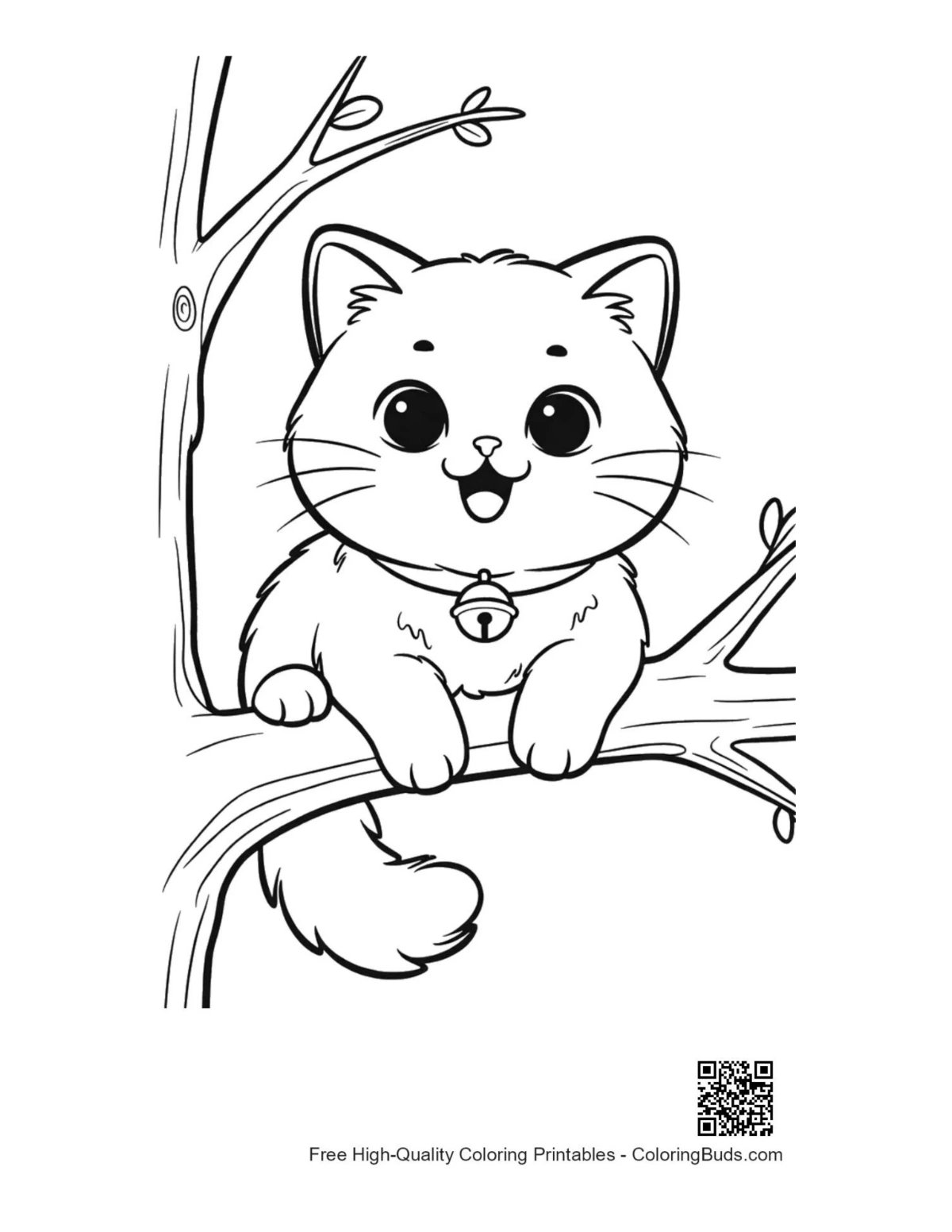Happy Persian kitten on curved tree branch printable