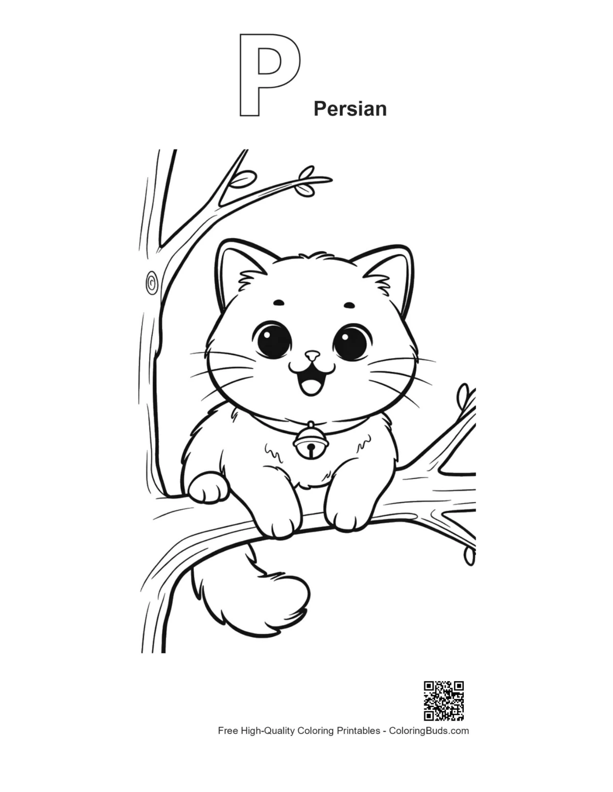 Happy Persian kitten coloring with P alphabet outline