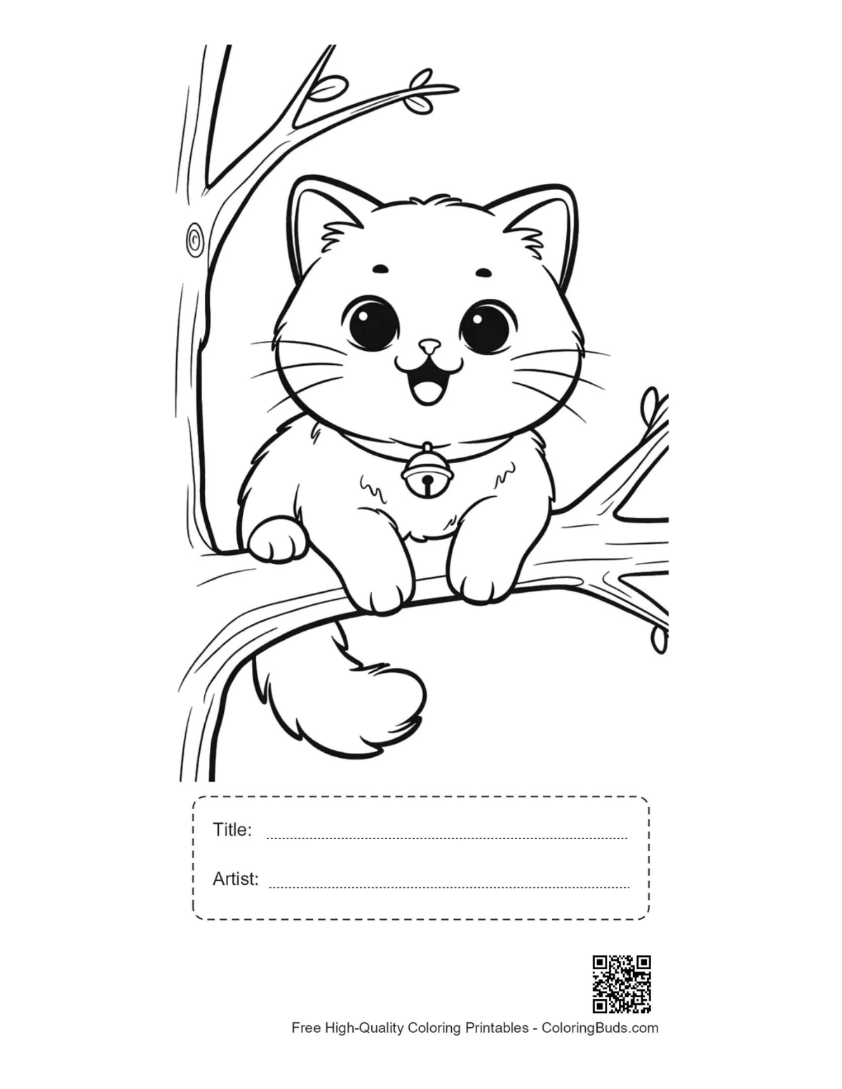 Persian kitten coloring page with title artist box