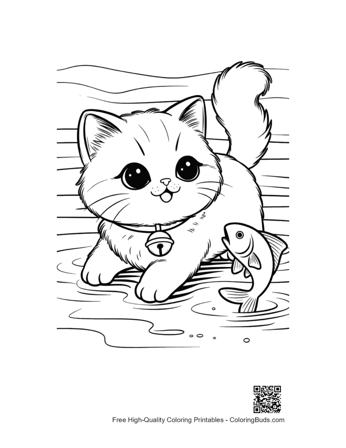 Persian kitten by water with jumping fish kitten printable
