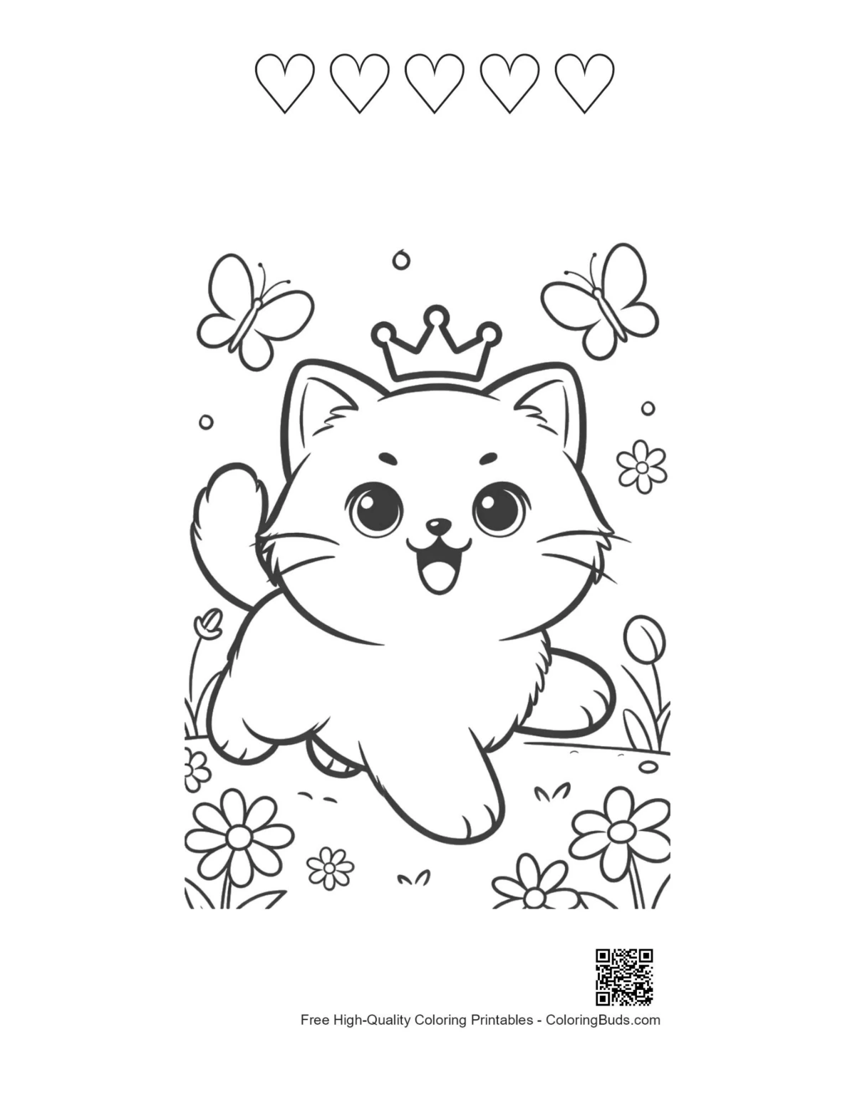 Cute Persian kitten princess with 5 heart outlines printable