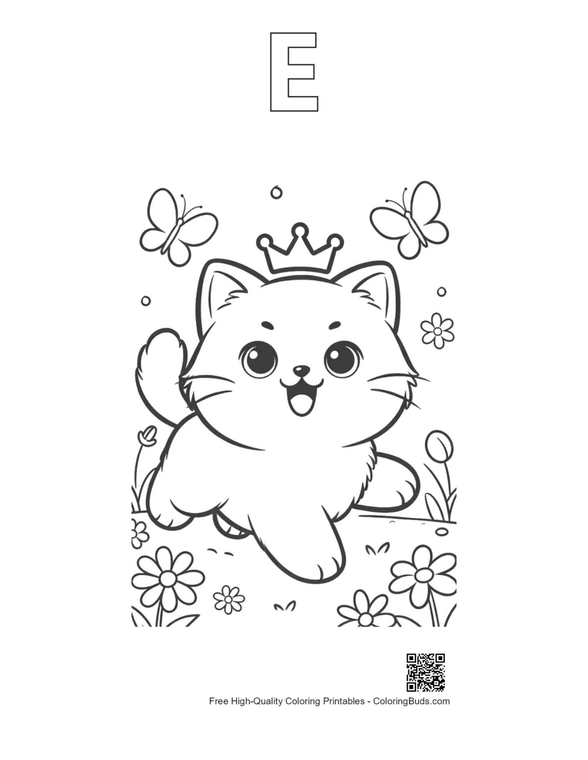 Persian kitten princess coloring with alphabet E outline