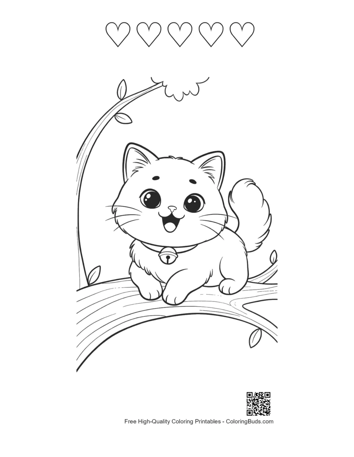 Persian kitten tree adventure with 5 heart outlines coloring