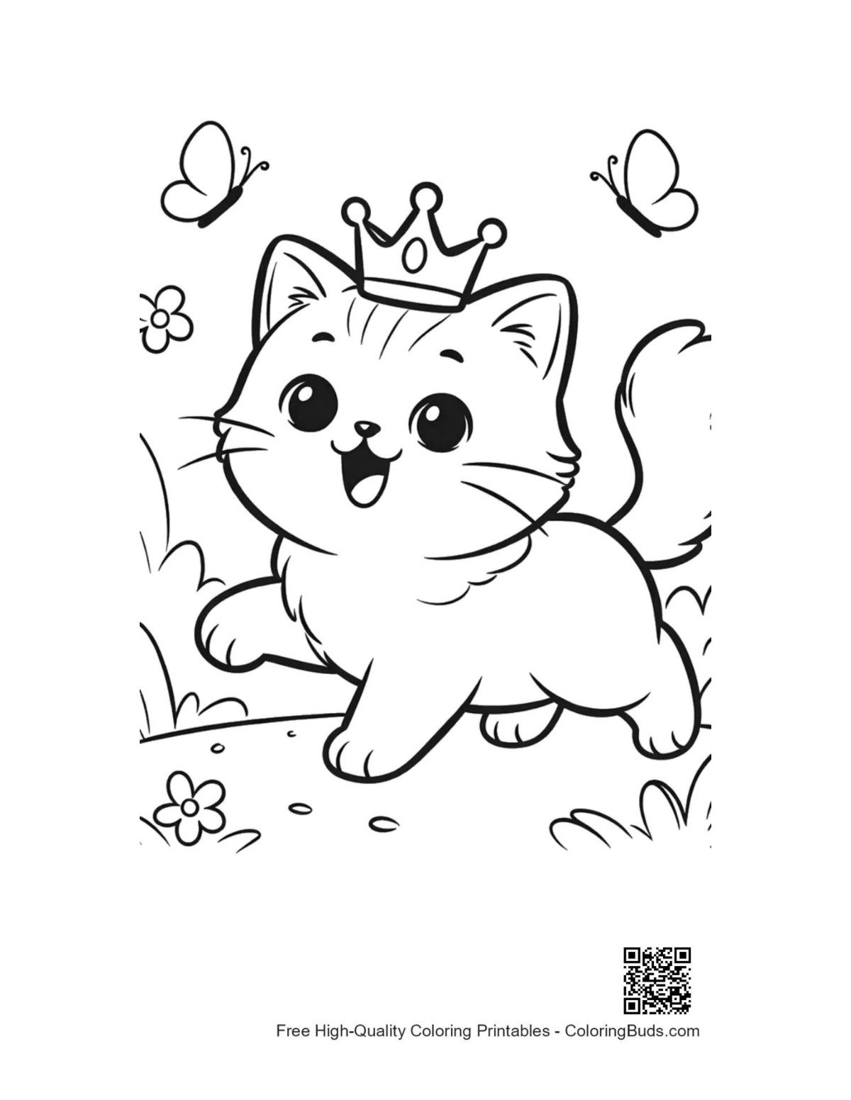 Cute Persian kitten princess with crown in flower garden coloring page