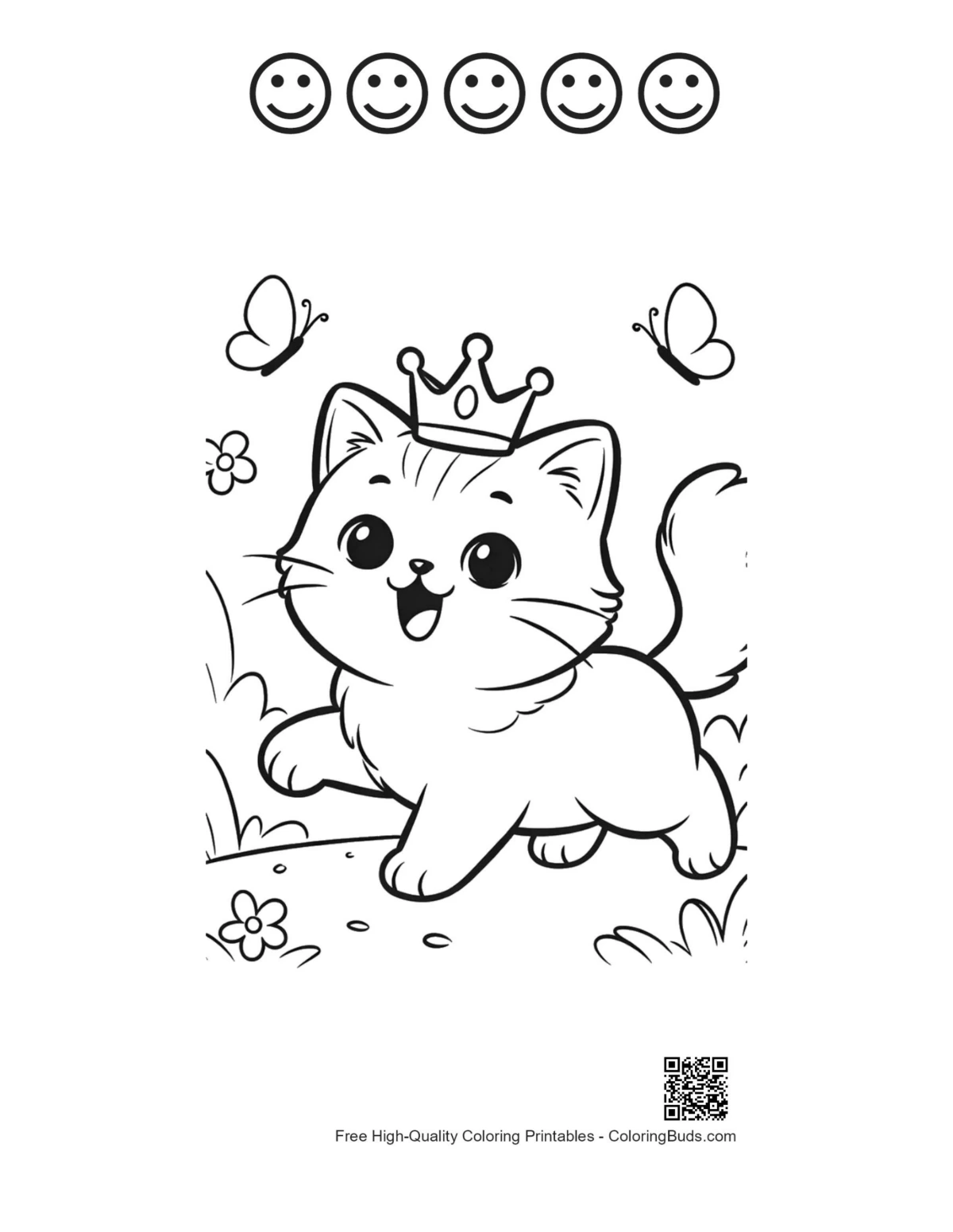 Cute Persian kitten crown garden with 5 happy faces coloring printable