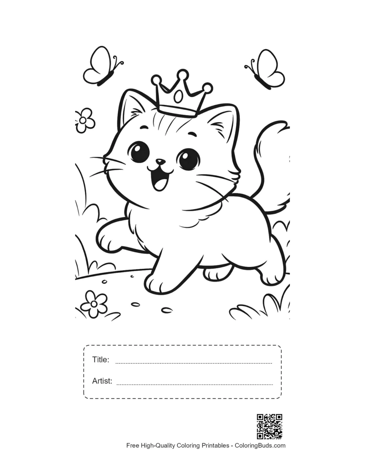 Persian kitten princess coloring printable with title artist box