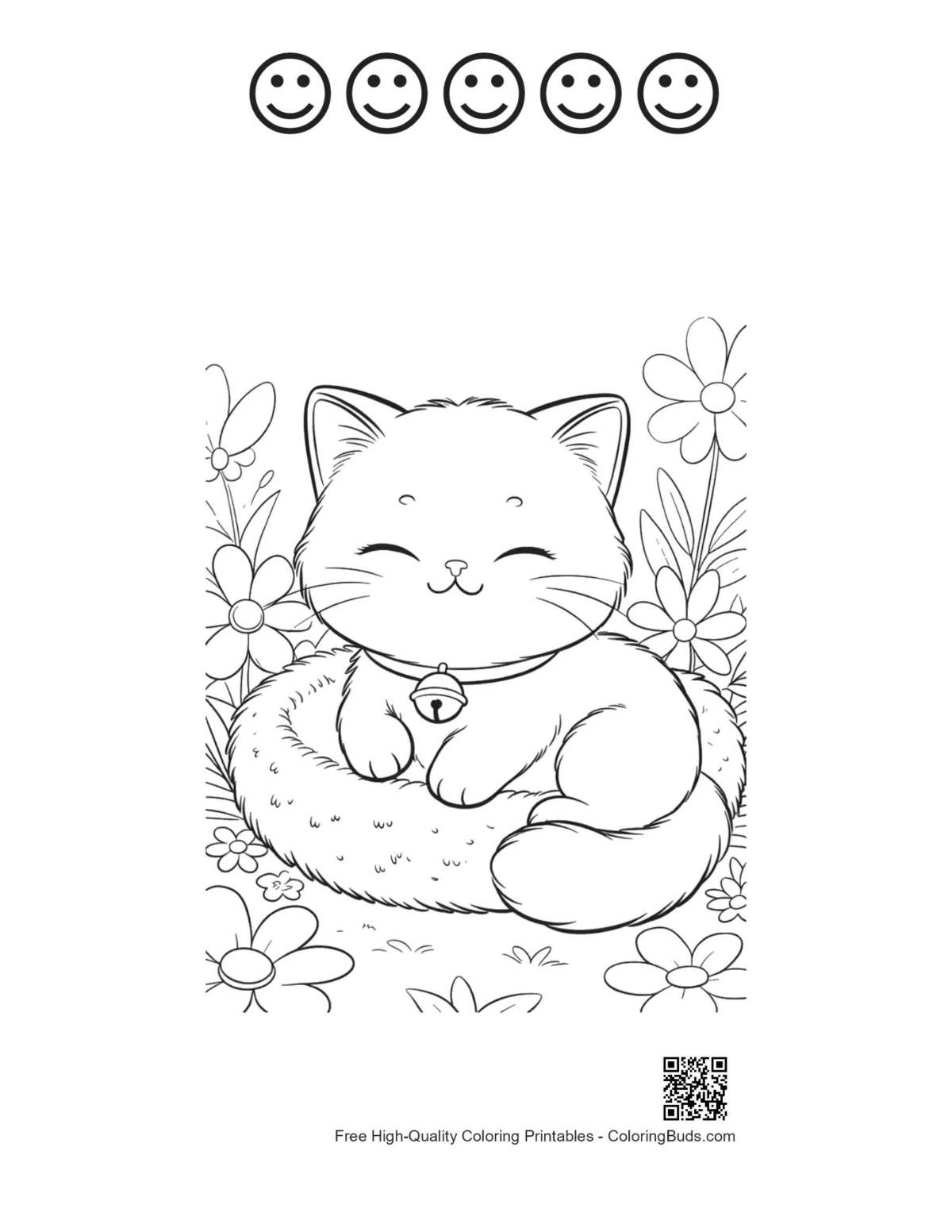 Persian kitten line art with 5 happy faces printable
