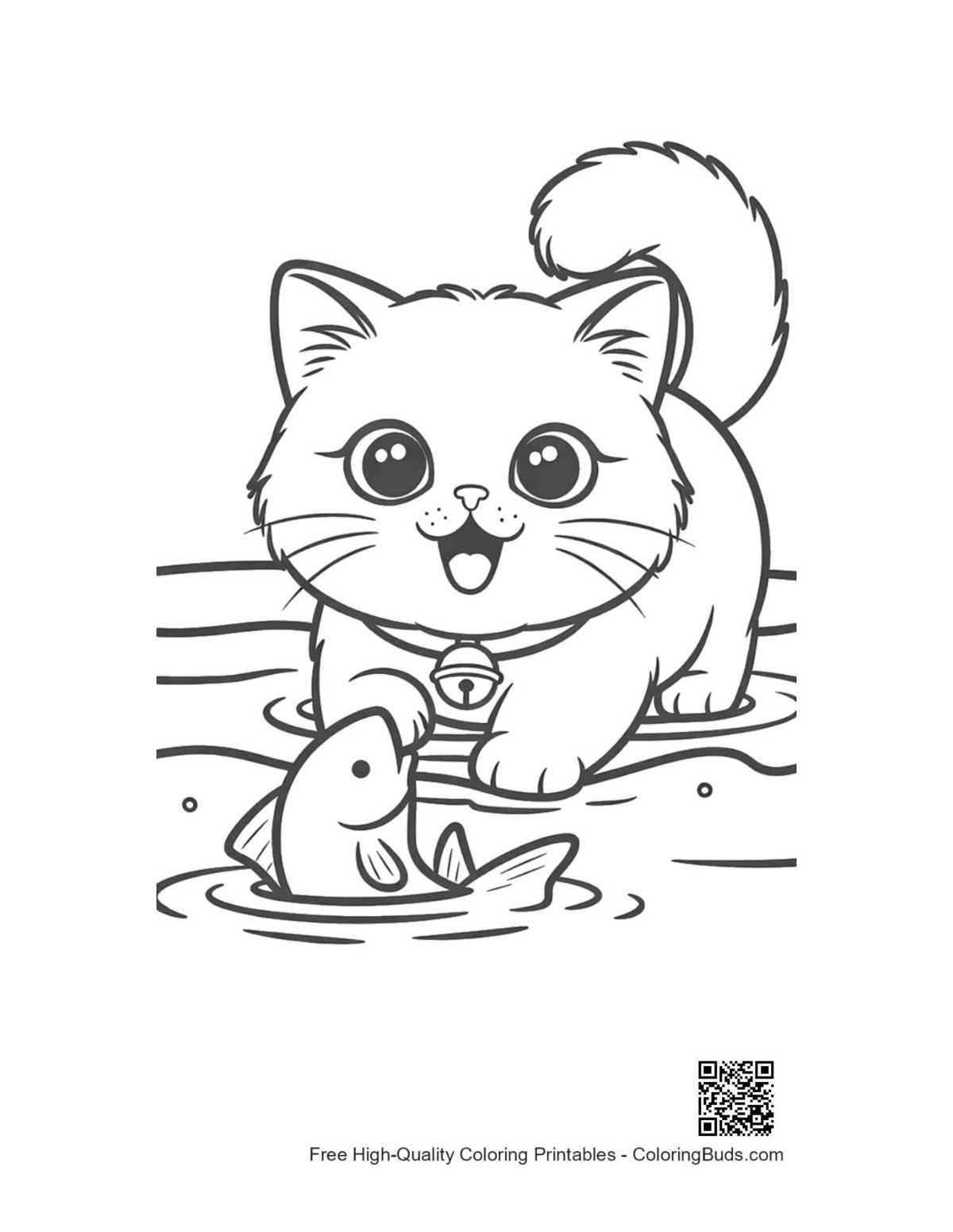 Smiling Persian kitten watching pond fish line art