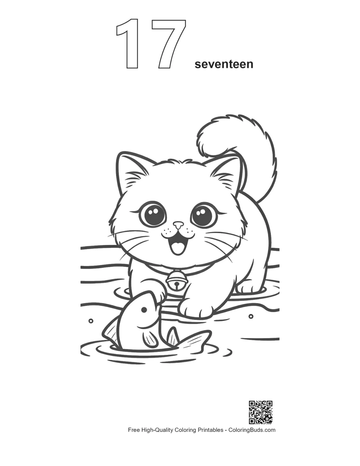 Persian kitten fish pond line art outline number 17