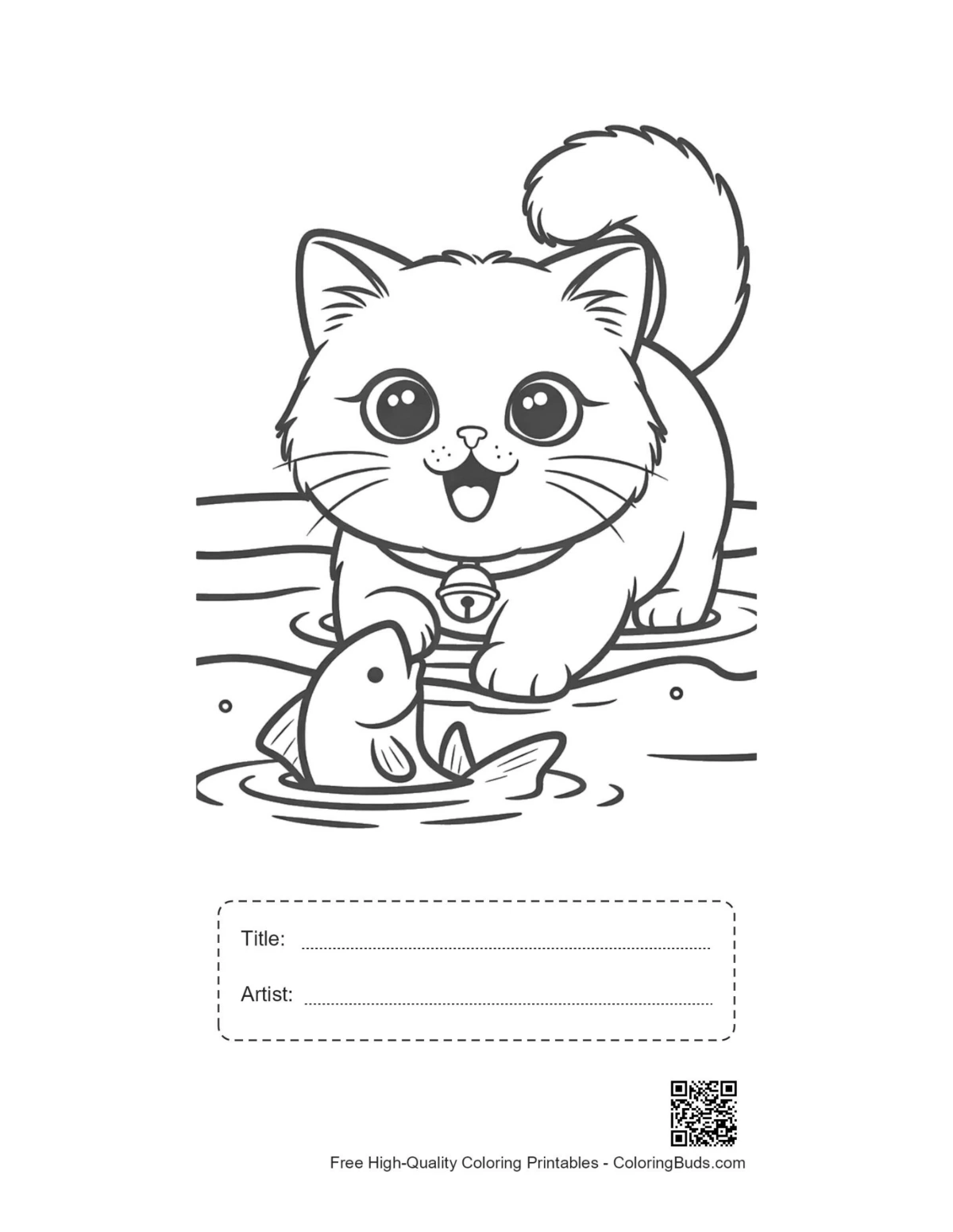 Smiling Persian kitten pond fish art with title box