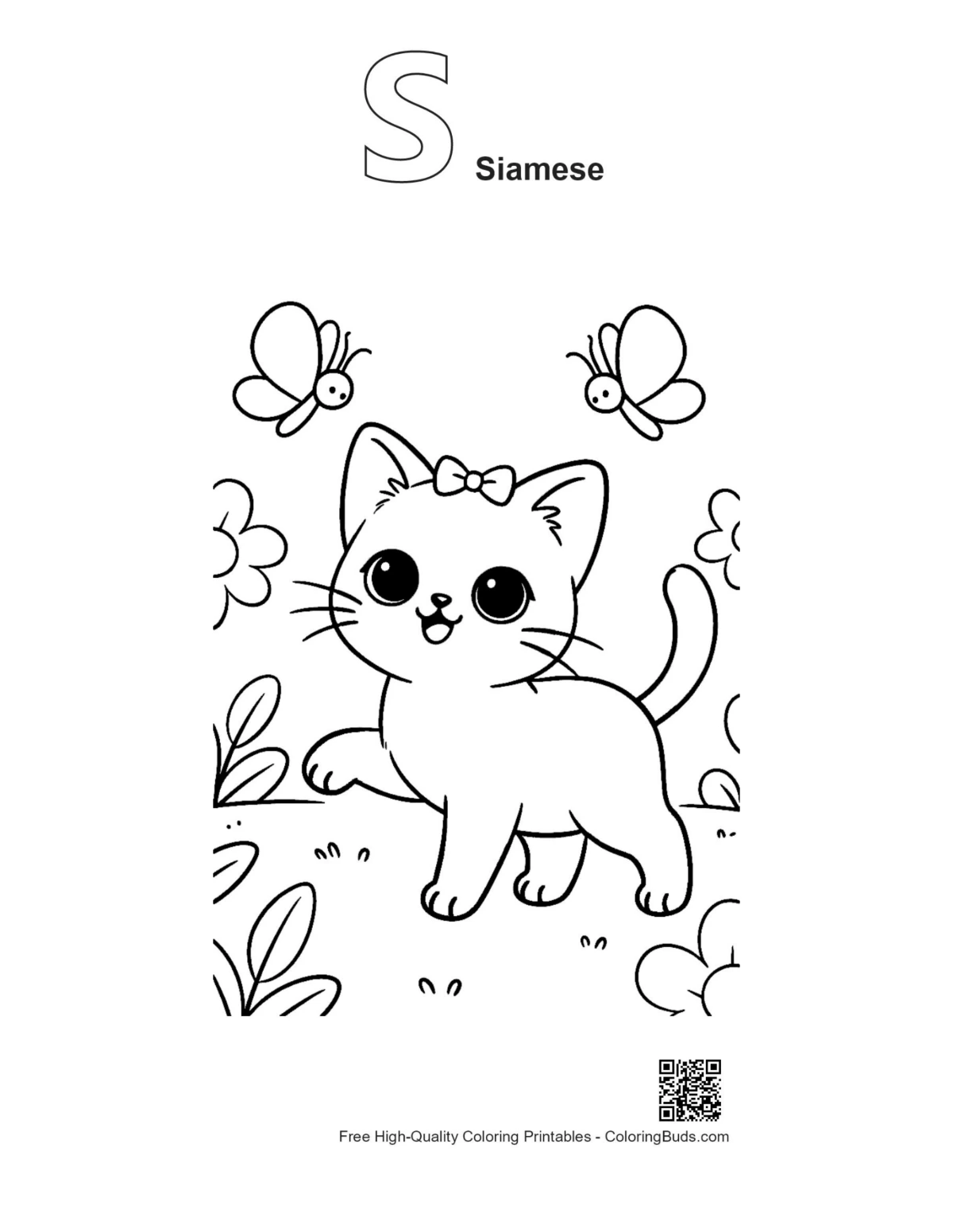 Siamese kitten coloring outline with S alphabet