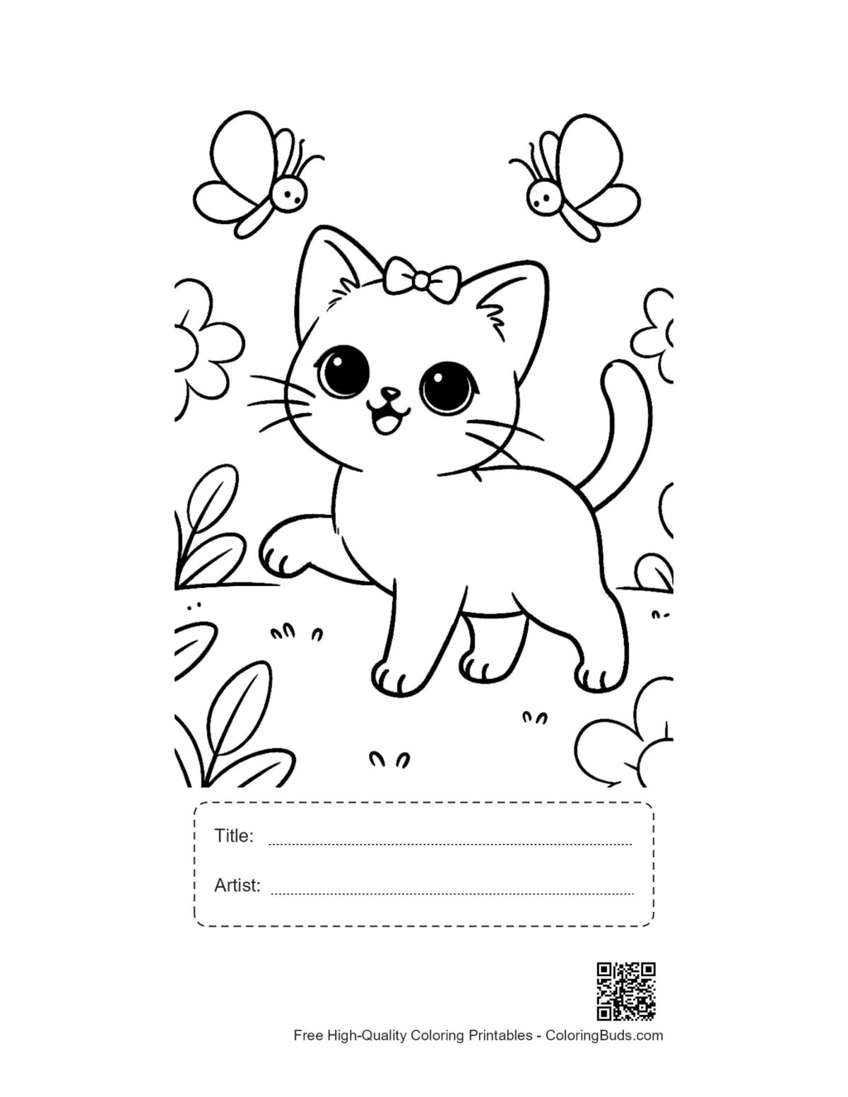 Siamese kitten meadow coloring page with title box