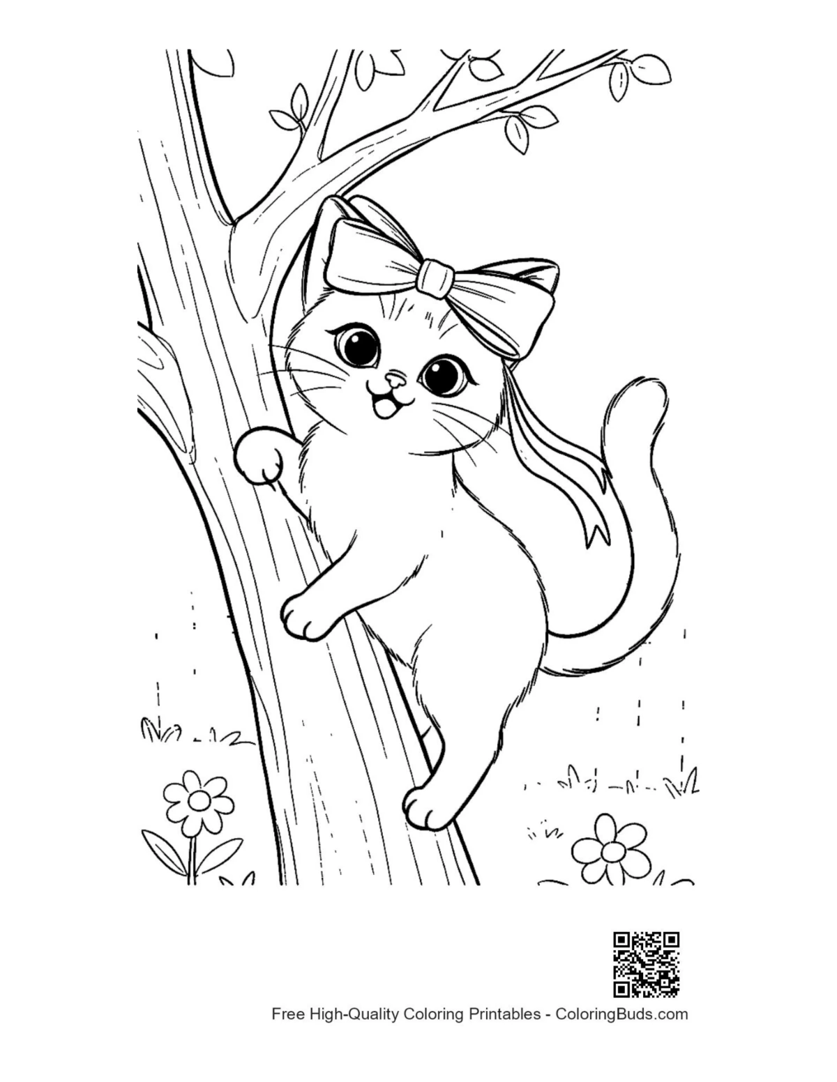 Siamese kitten peeking down from tree coloring page
