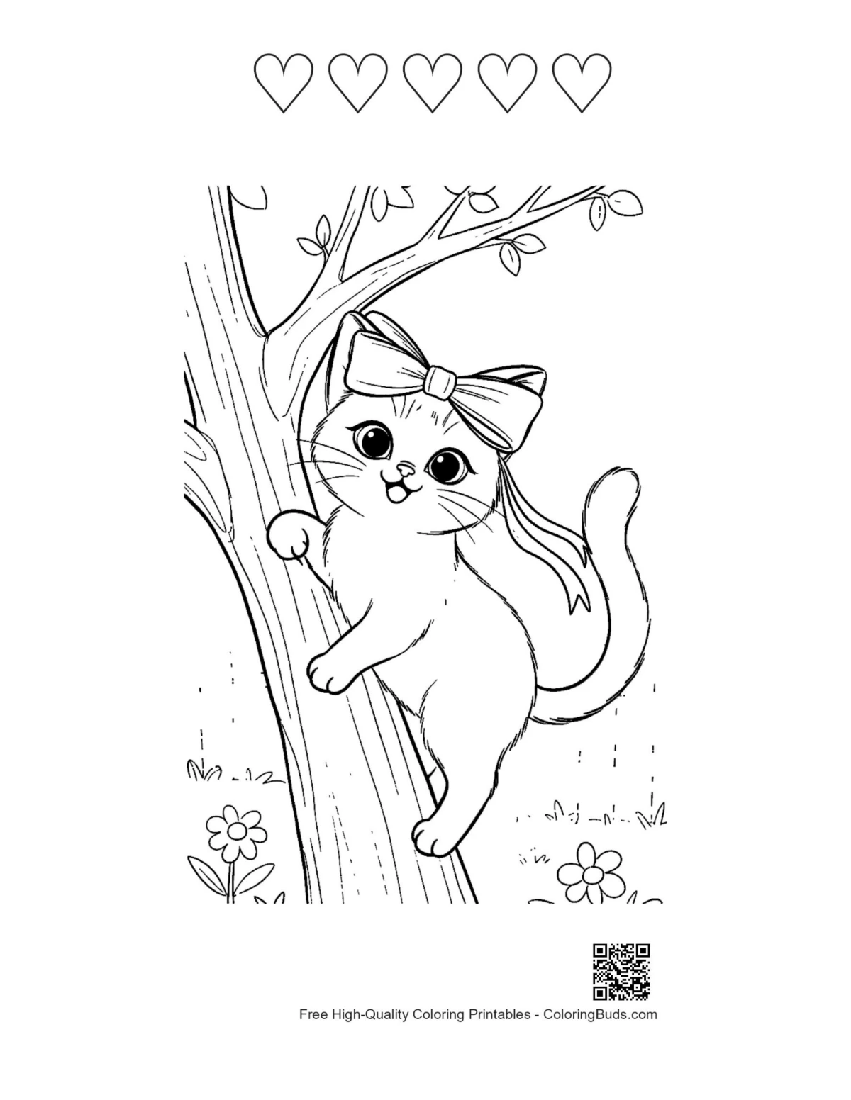 Siamese kitten coloring with heart outlines