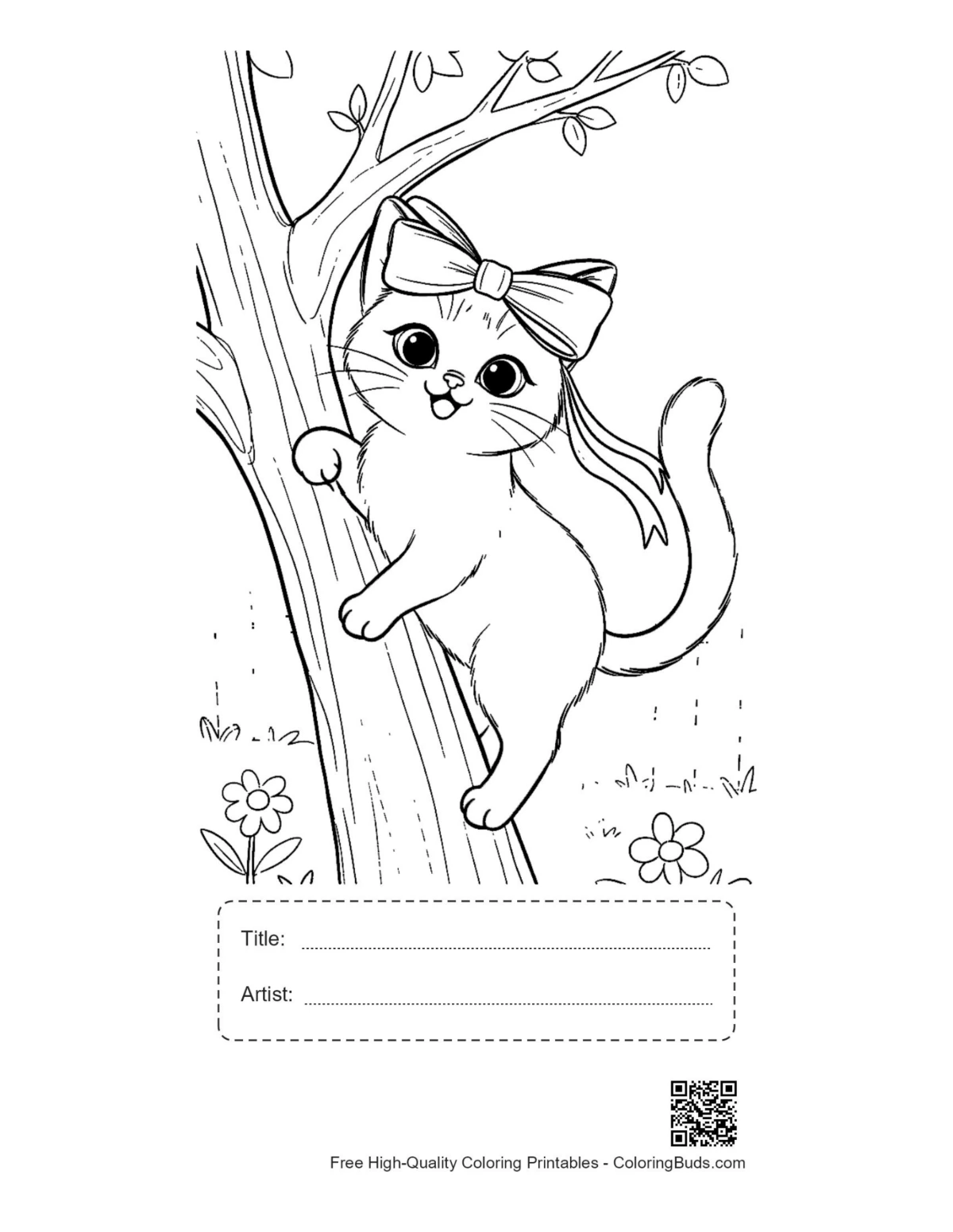 Siamese kitten tree coloring page with title box