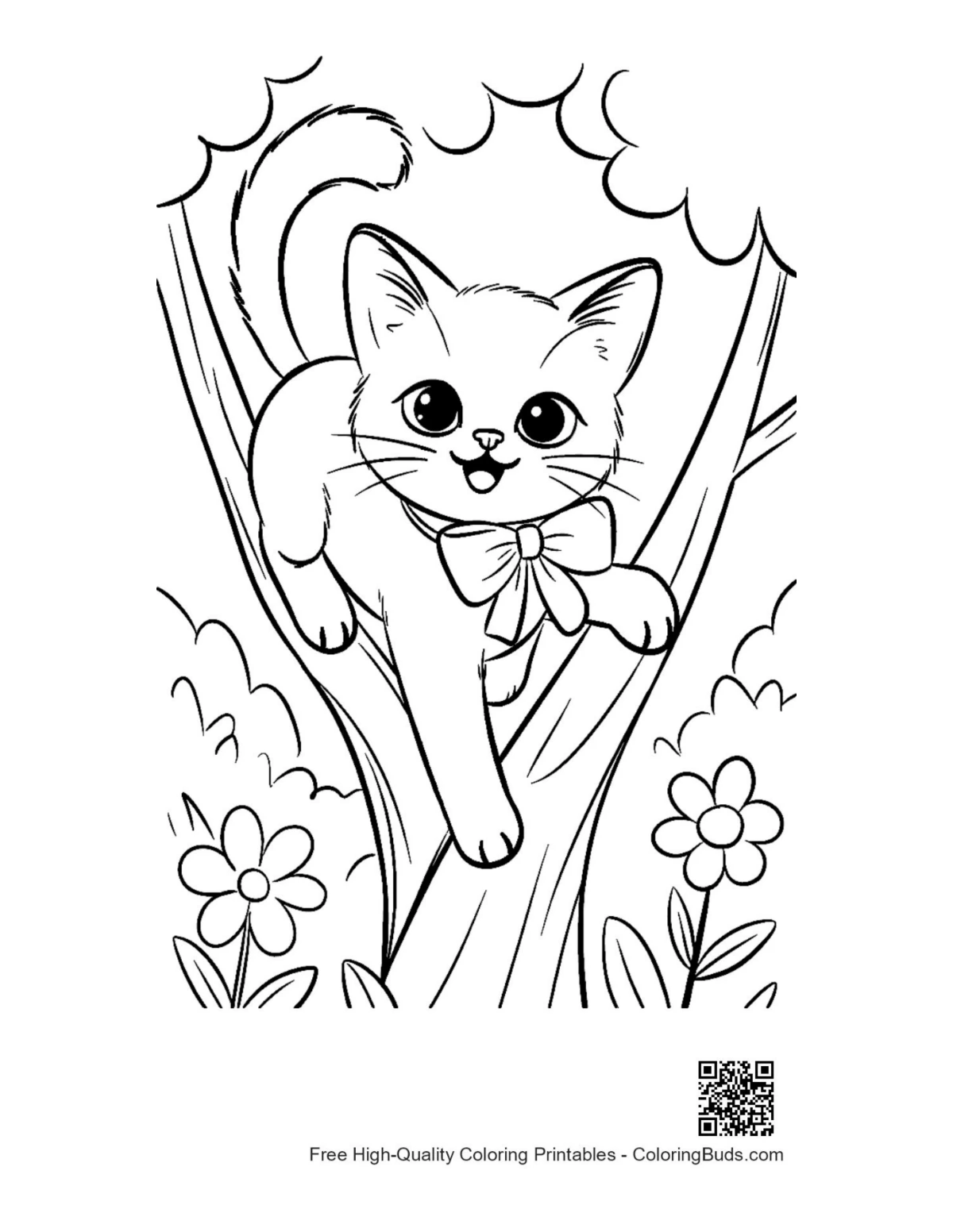 Cute Siamese kitten on tree limb adventure coloring page