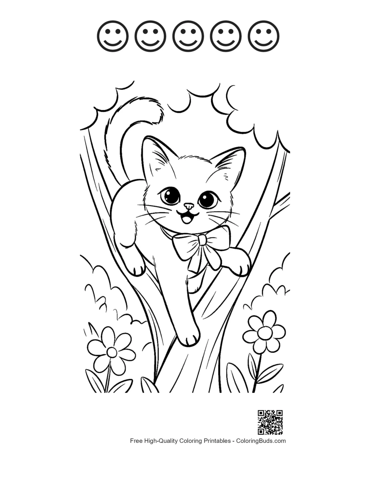 Siamese kitten coloring page with 5 happy faces outlines