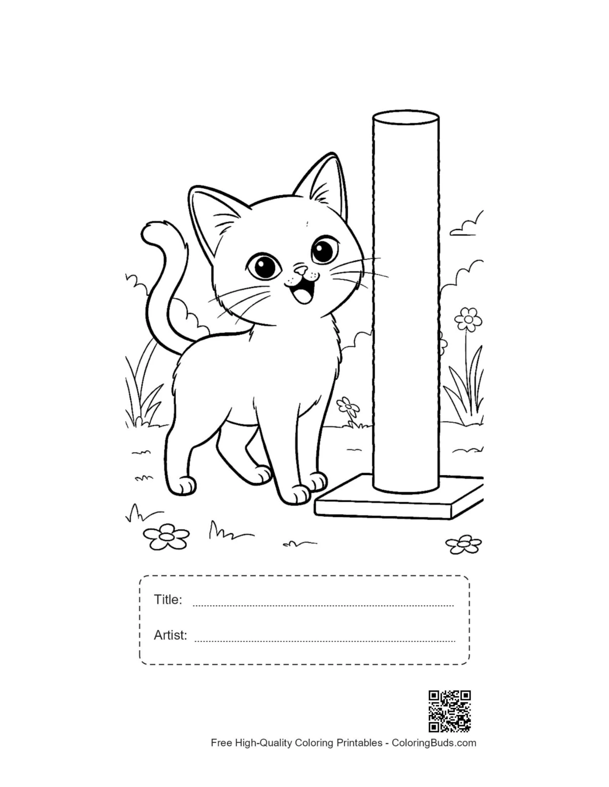 Siamese kitten scratching tree printable with title box