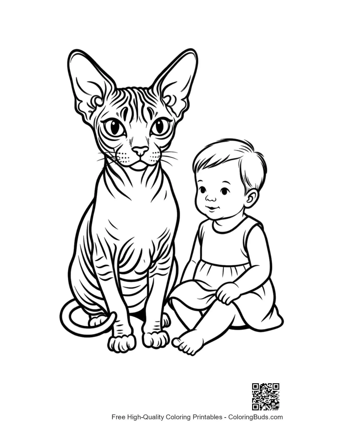 Sphynx cat toddler girl line art