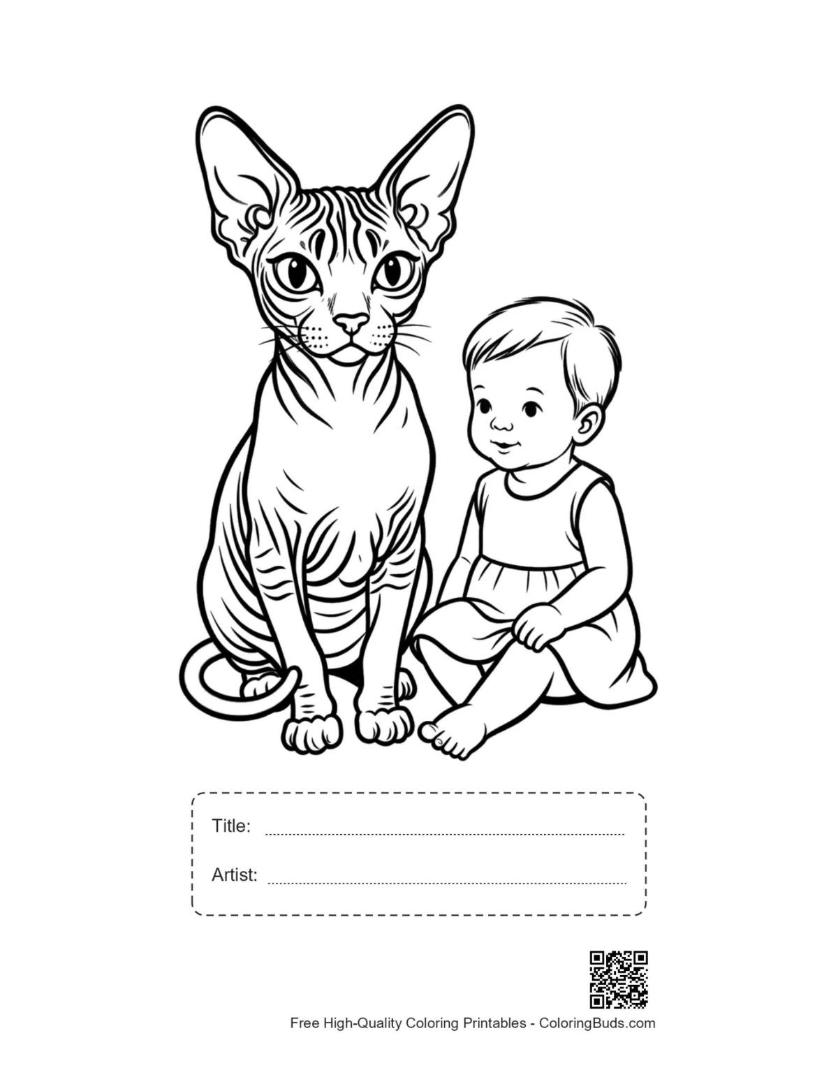 Sphynx line art printable with title box