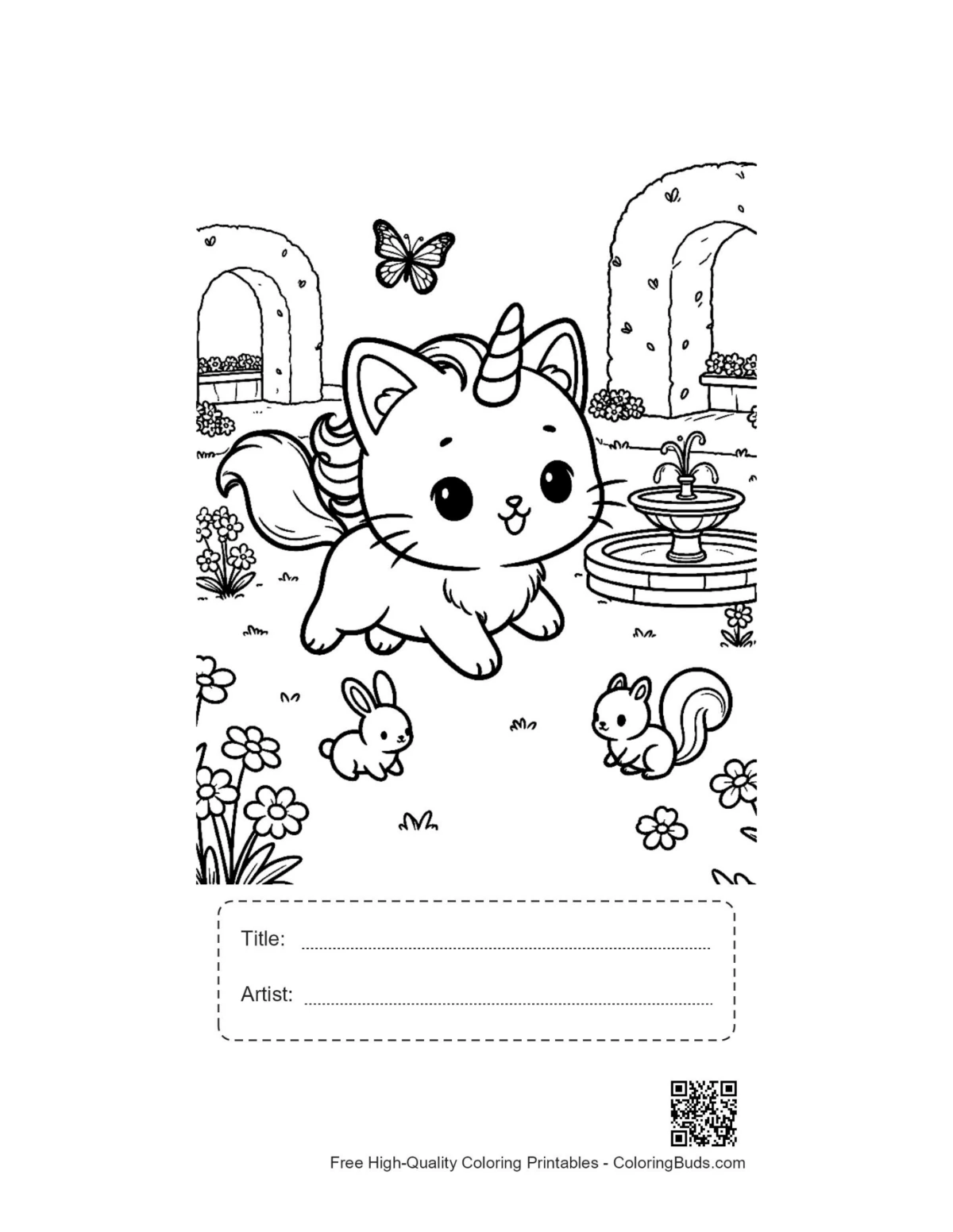 Caticorn kitten garden printable with title artist box