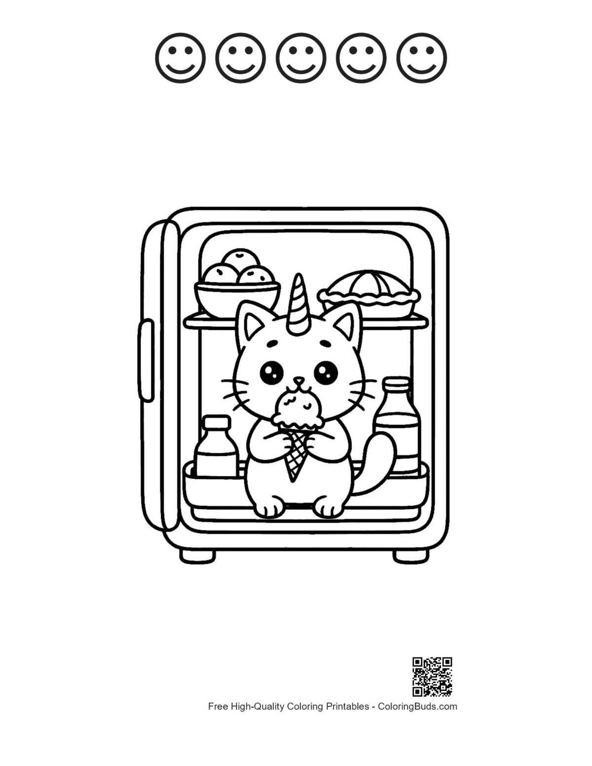 Caticorn coloring page with 5 happy faces ice cream