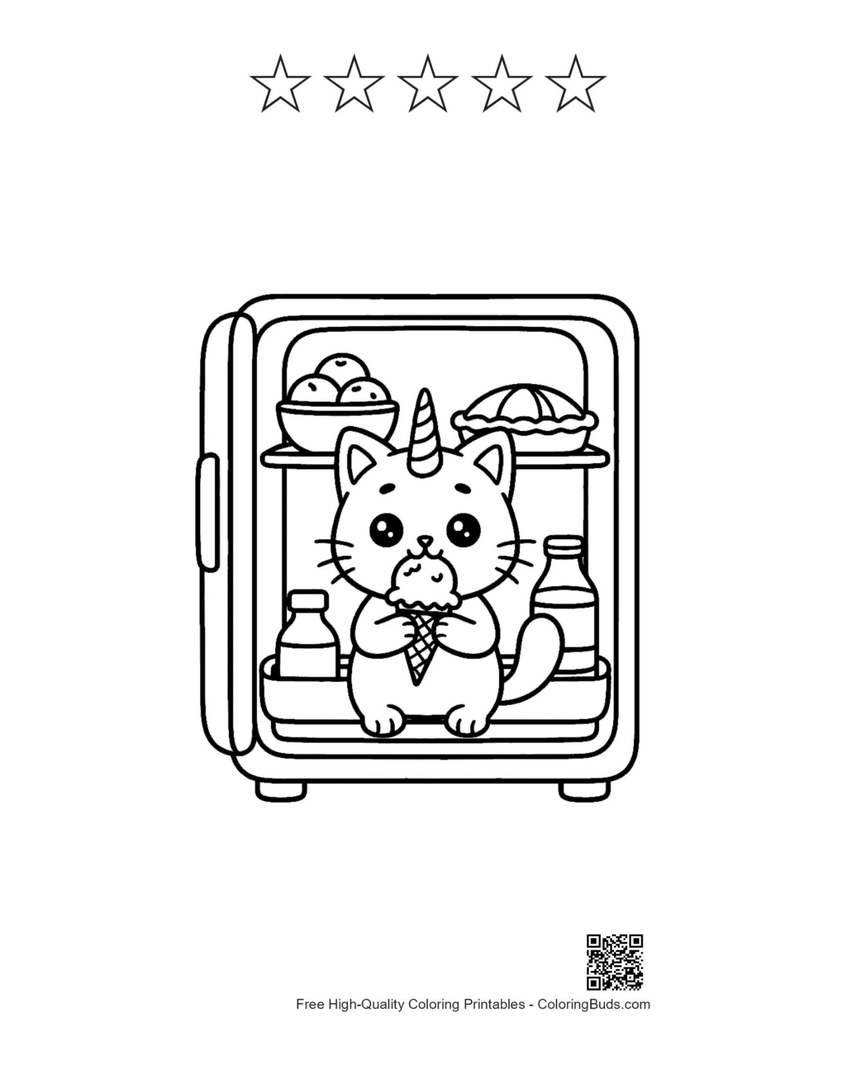 Unicorn cat ice cream with 5 stars outline printable
