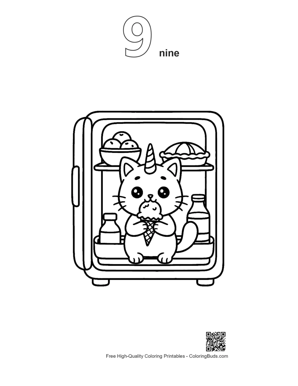 Caticorn kitten ice cream outline number 9 coloring