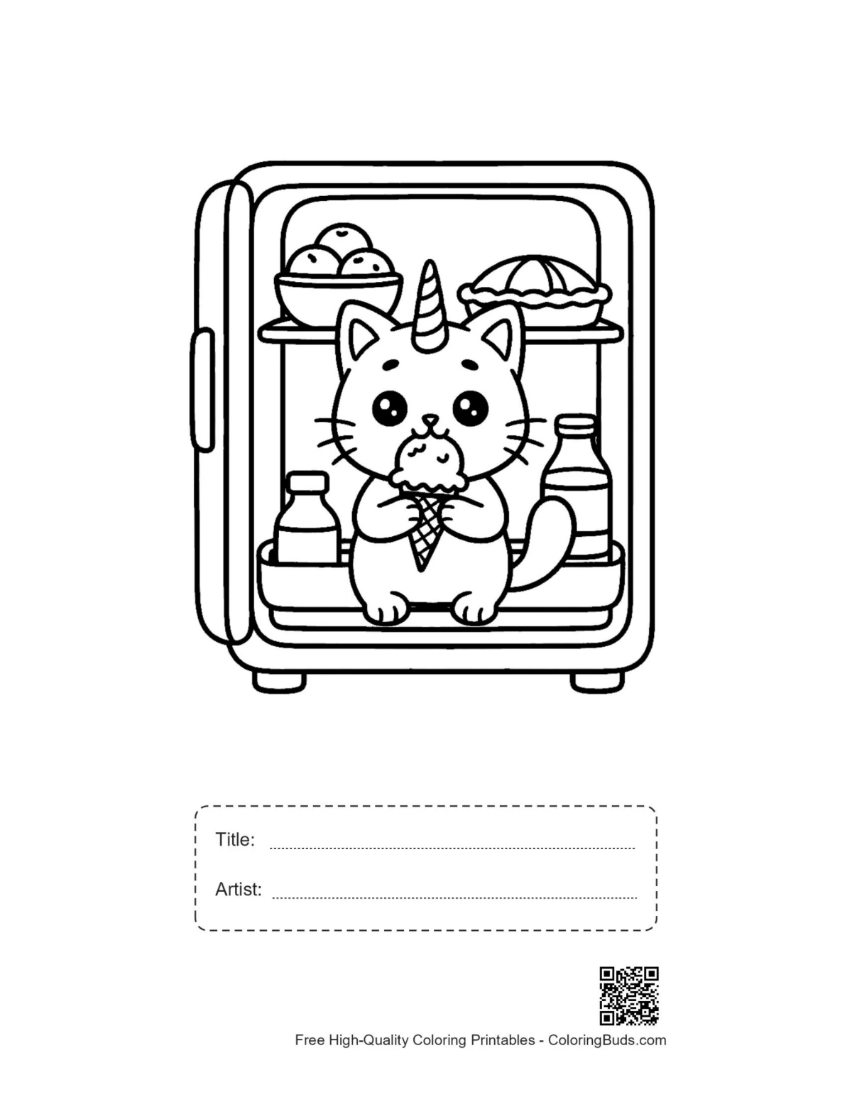 Caticorn ice cream coloring page with title box