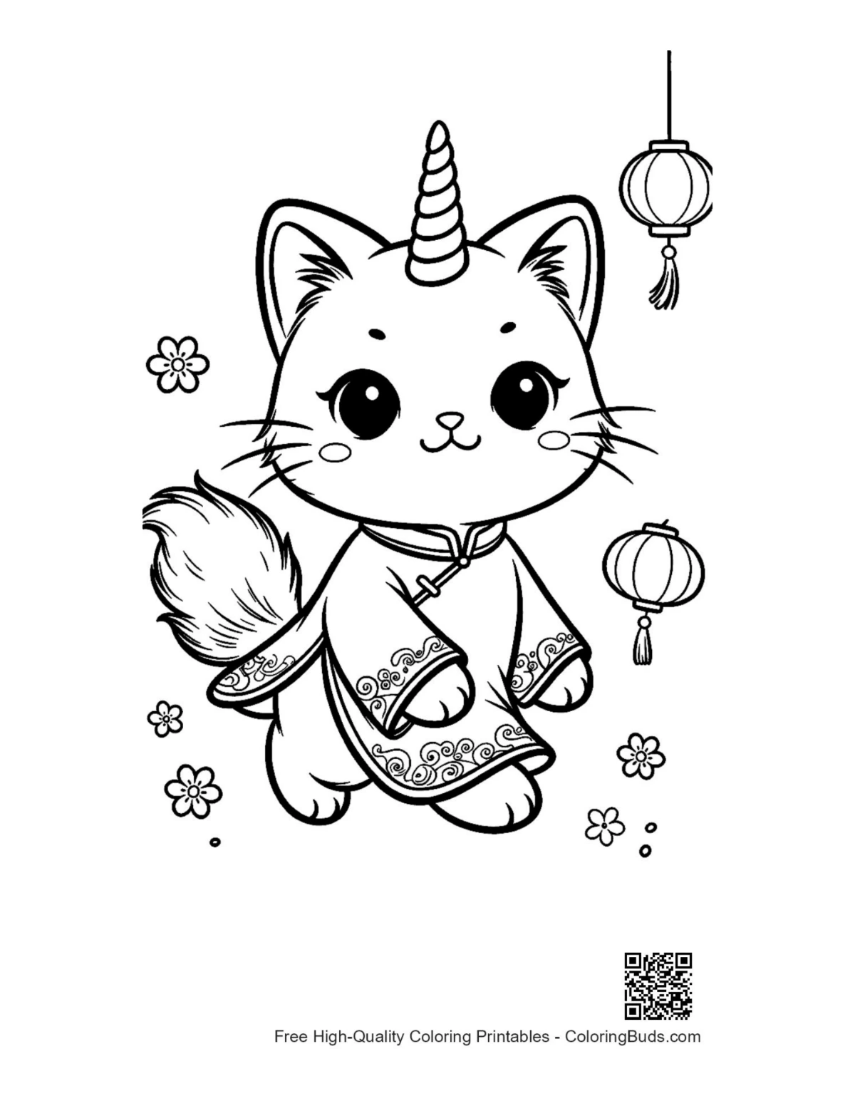 Cute unicorn cat flying in space printable coloring page