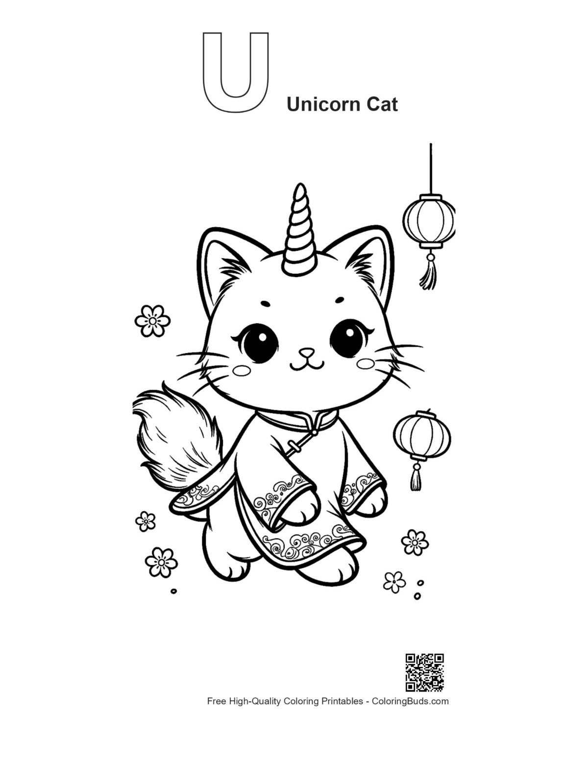 Unicorn cat space coloring page with alphabet U outline