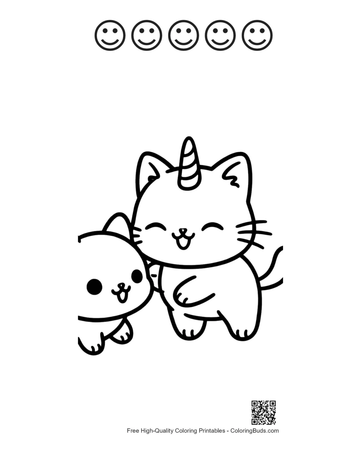 Printable unicorn cat hugging kitten with happy faces