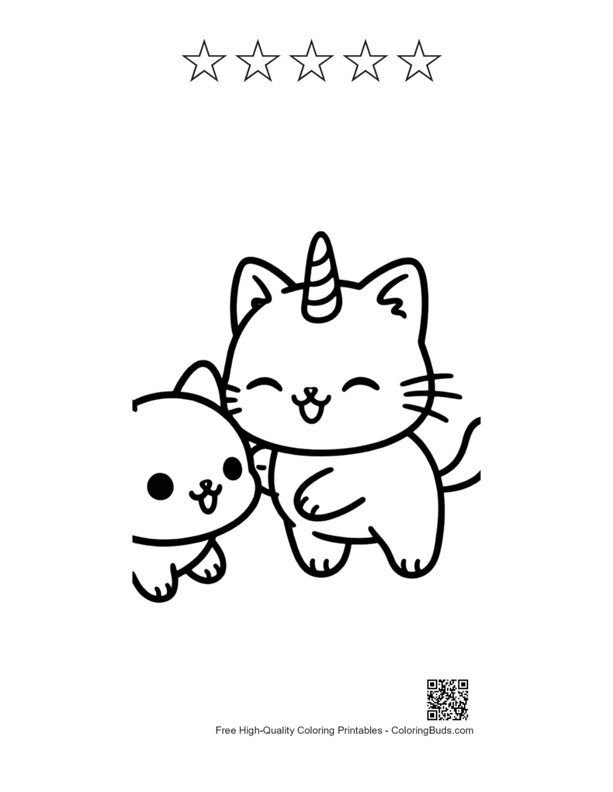 Cute unicorn cat hugging kitten with 5 star outlines