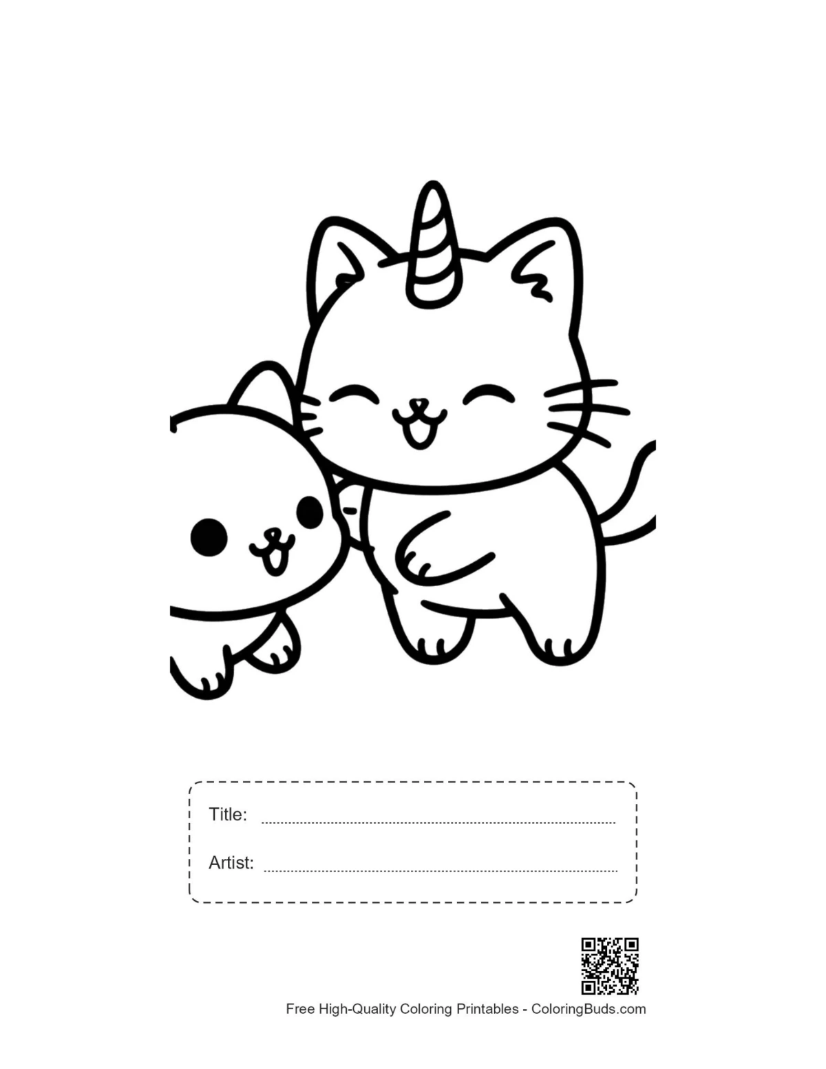 Printable cute unicorn cat hugging kitten with title box