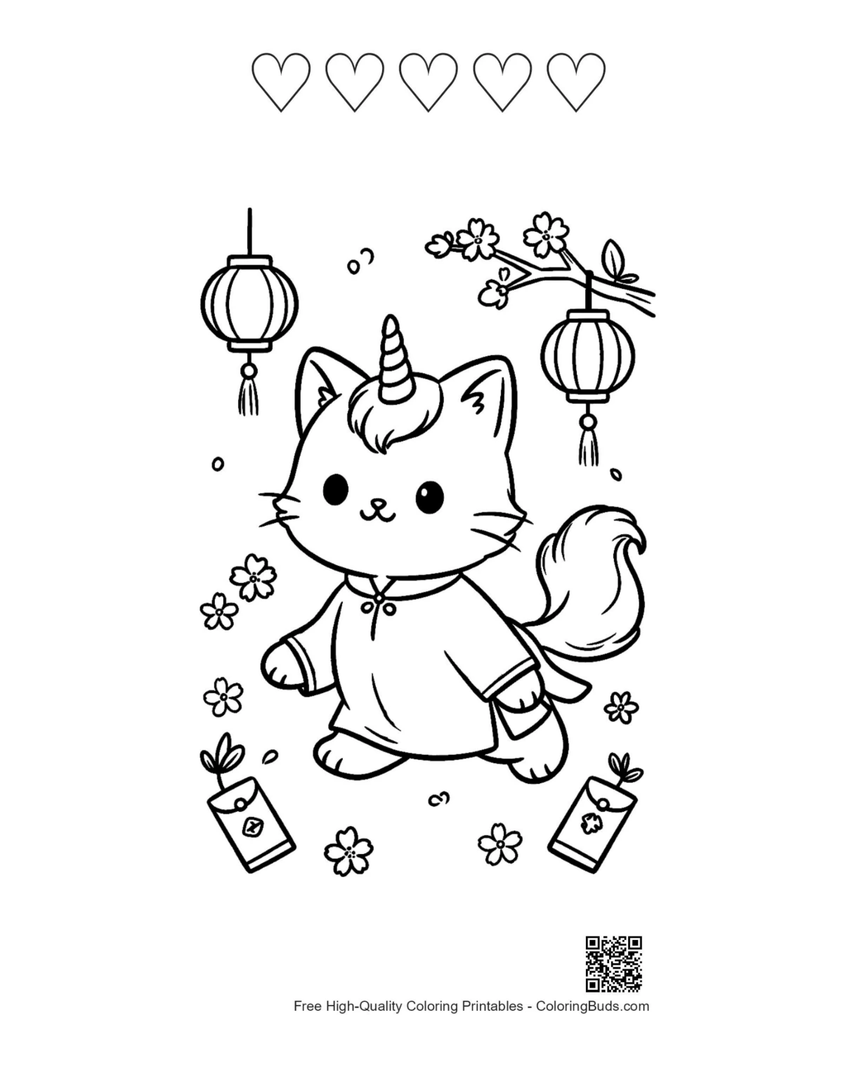 独角兽猫打印版带心形轮廓