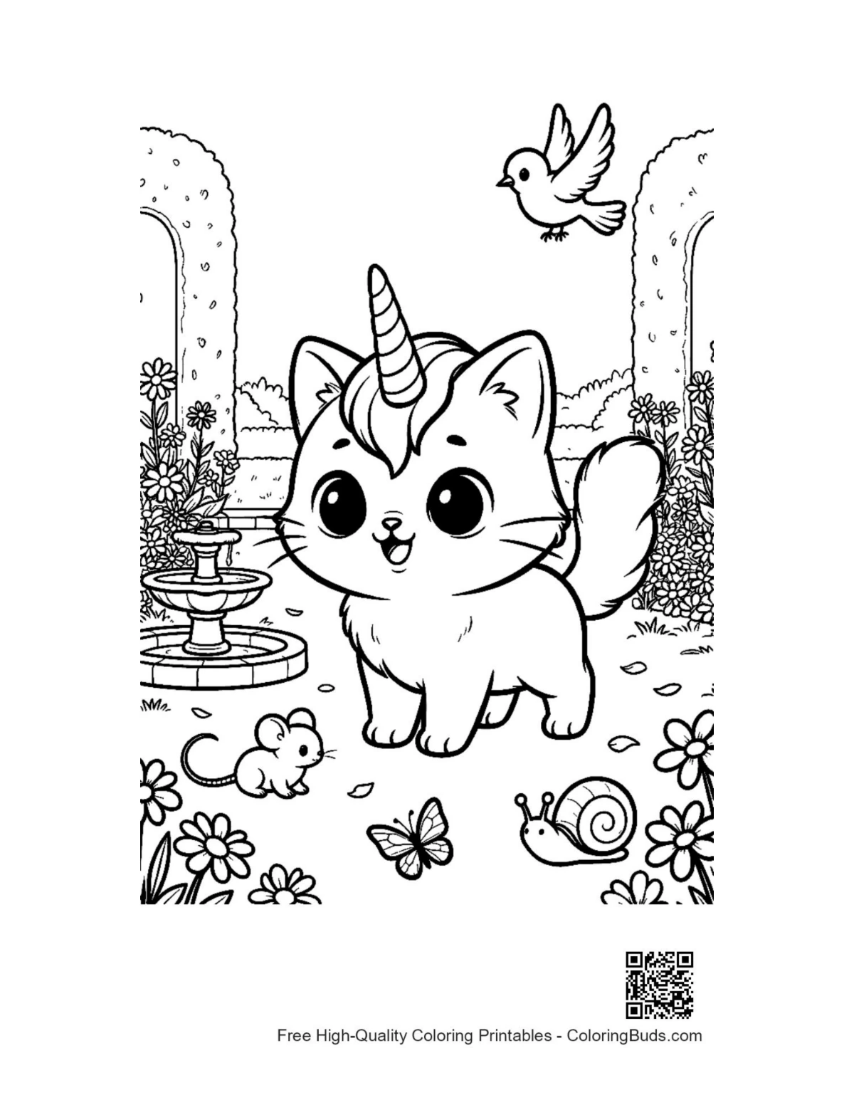 Linda página para colorear gato unicornio para descargar