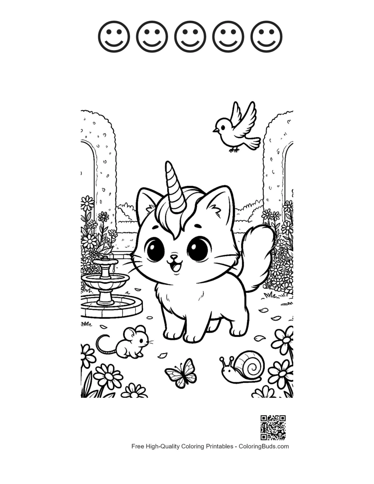 Gato unicornio para imprimir con 5 caritas felices